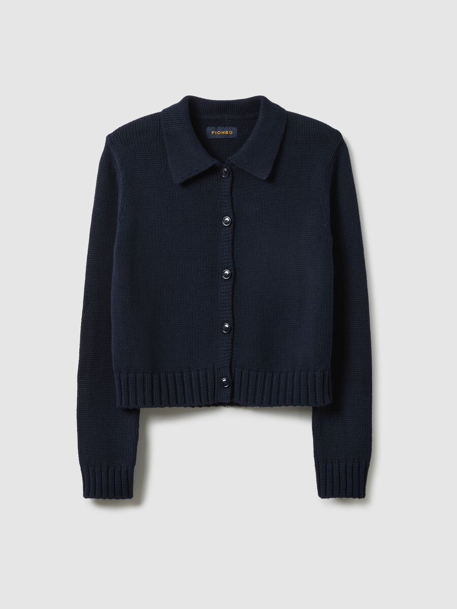 Blue cotton cardigan with polo collar, regular fit_4