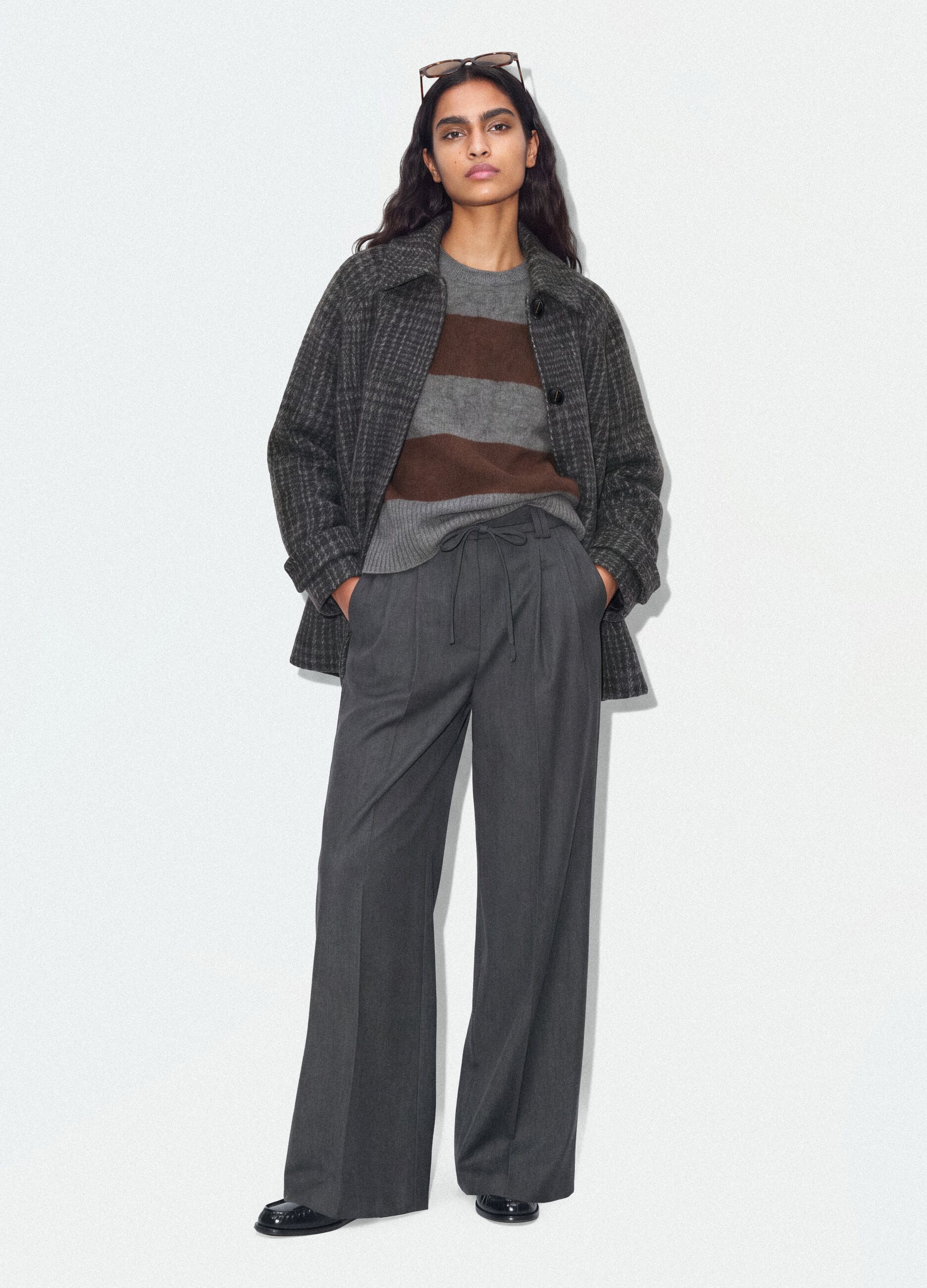 Cappotto grigio in misto lana a fantasia pied de poule