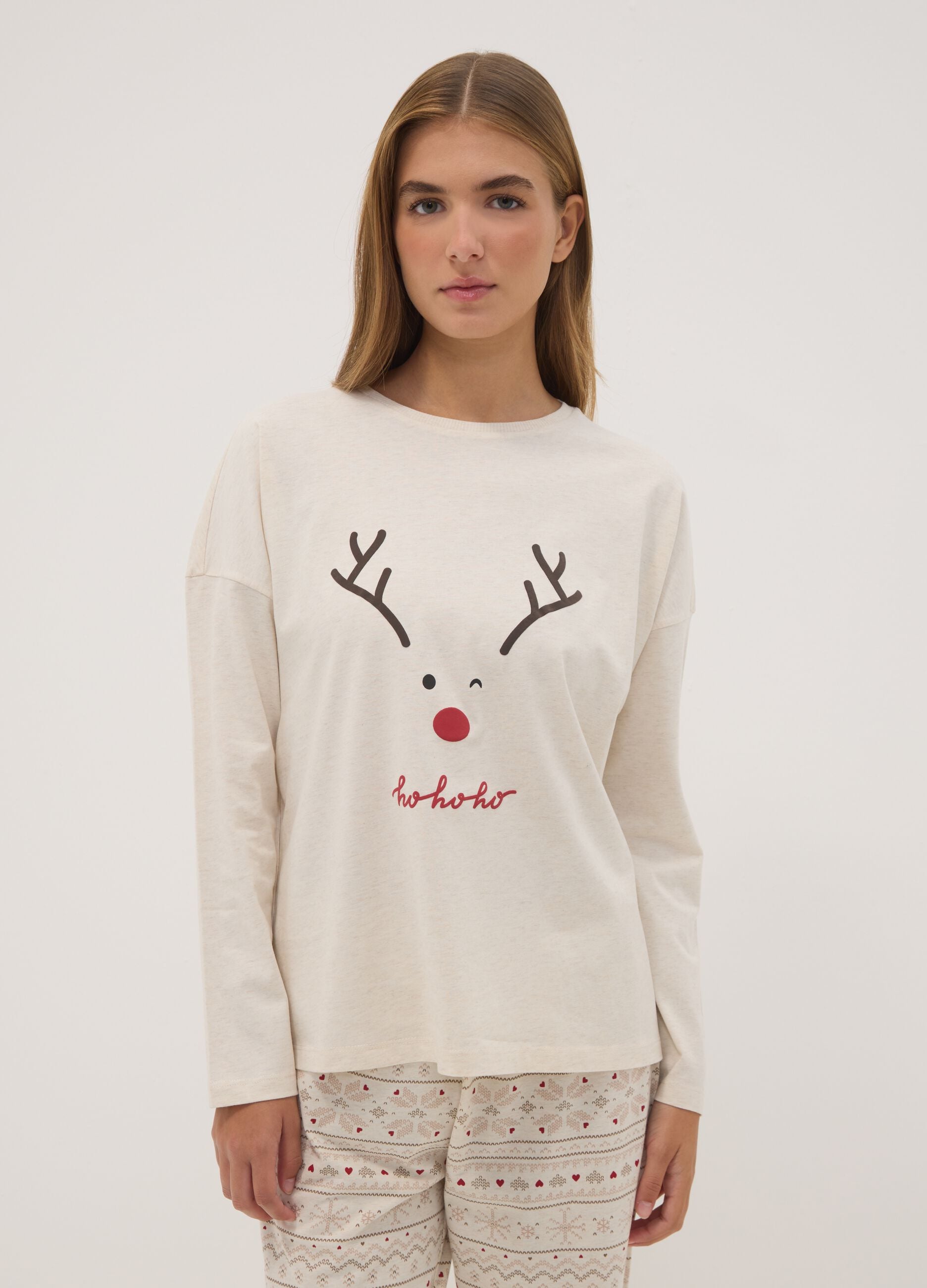 Beige melange organic cotton crew-neck pyjamas
