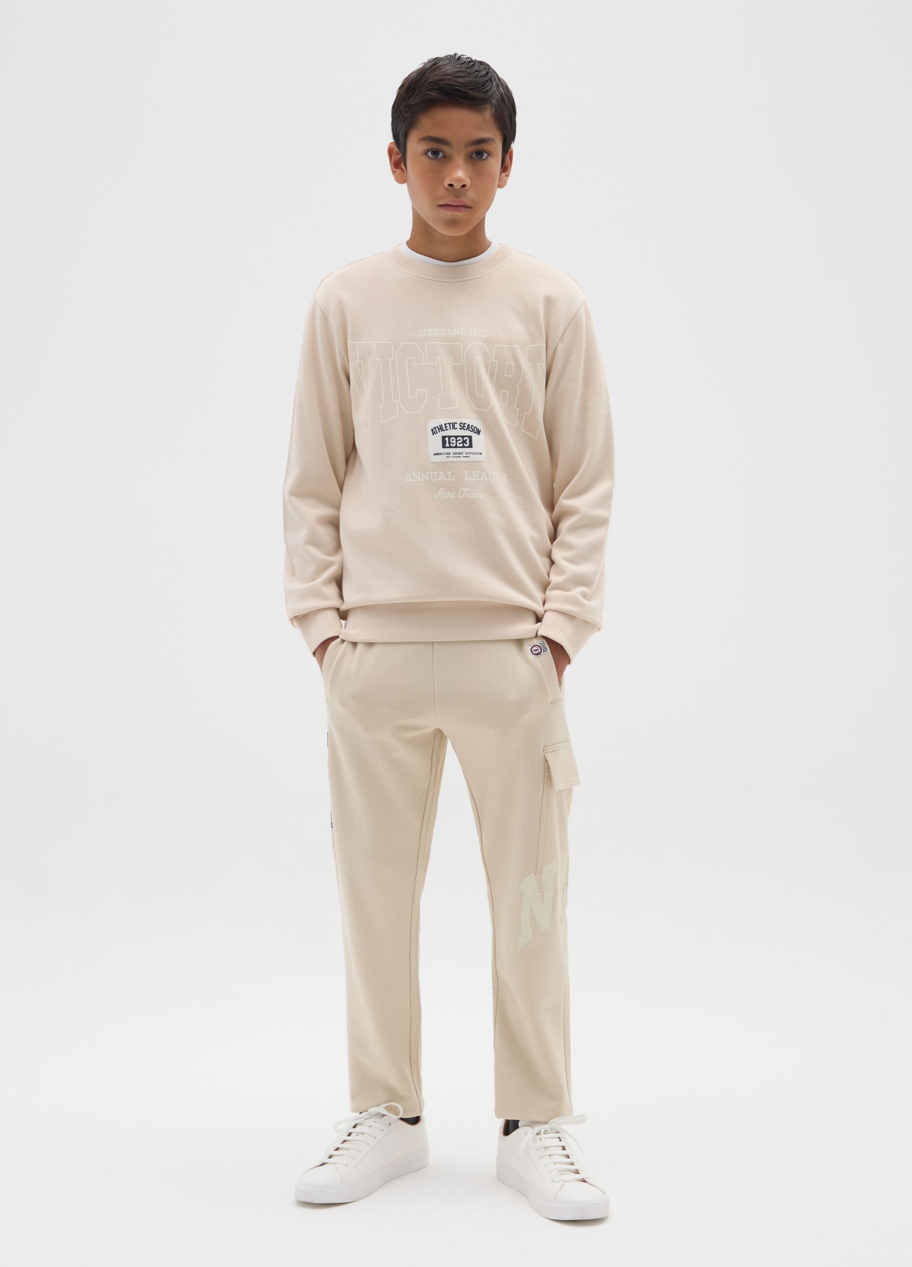 Boy's beige regular fit pure cotton joggers