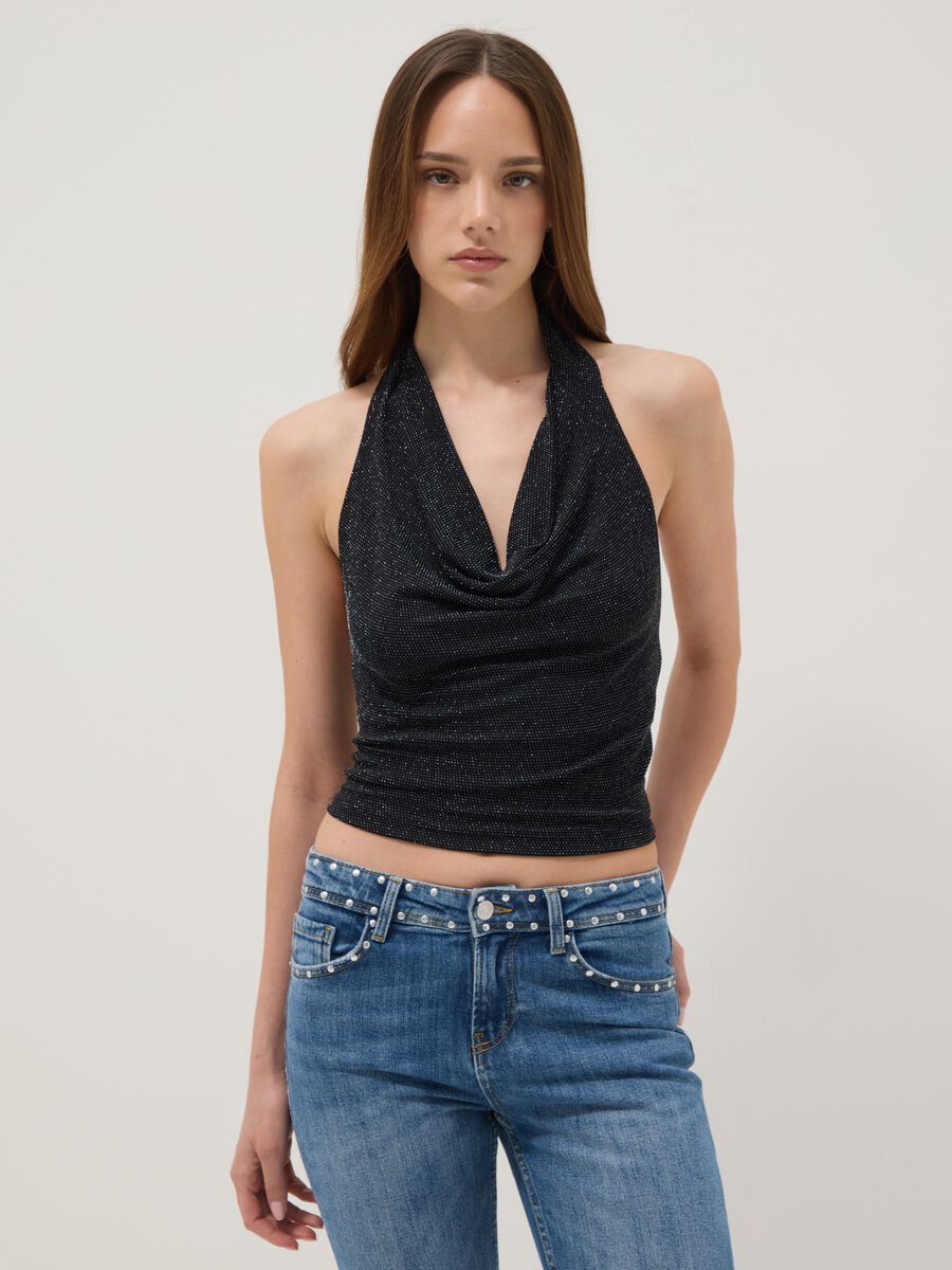 Black stretch top with draped neckline_3