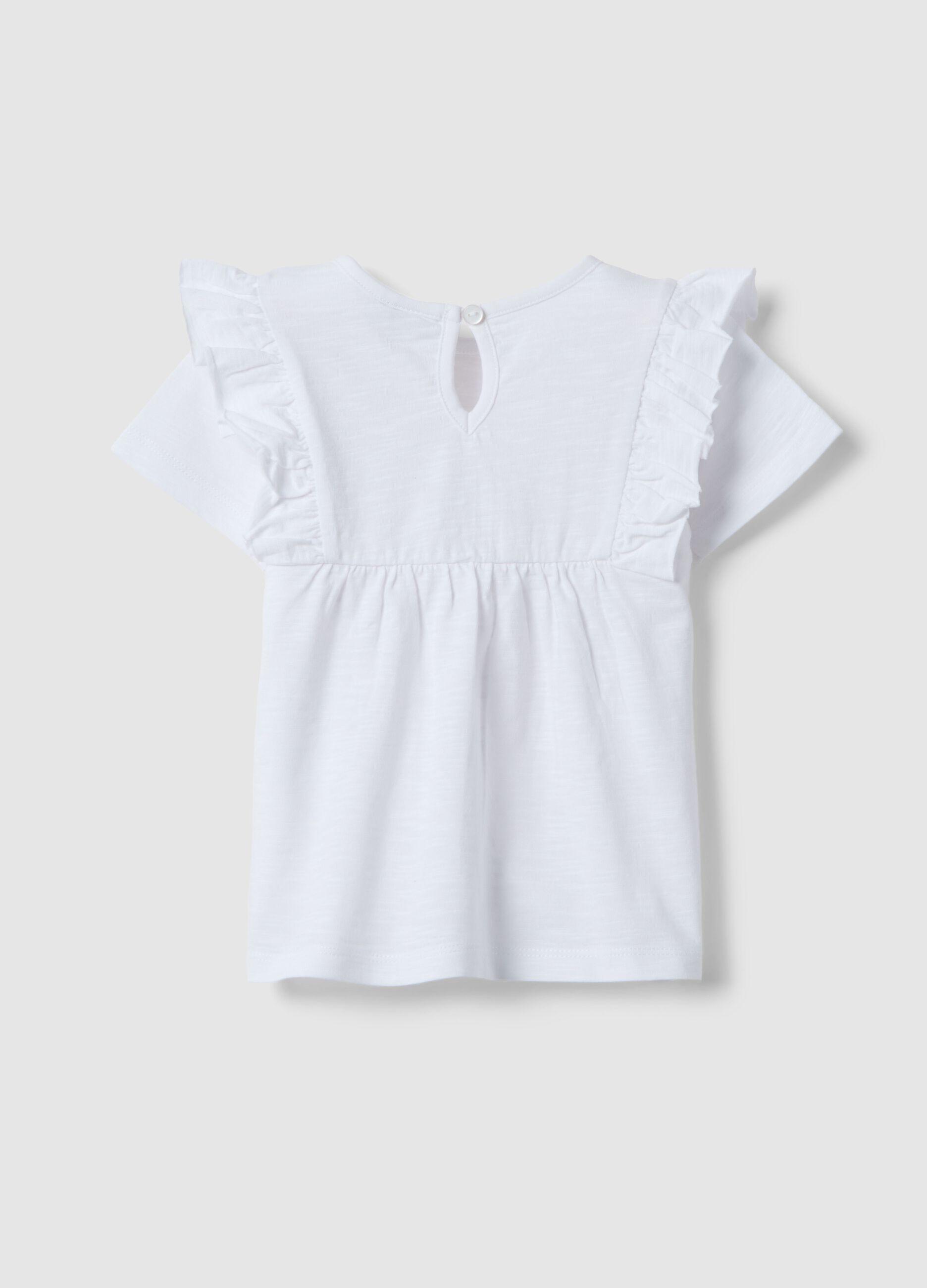 Girls&rsquo; white pure cotton T-shirt, regular fit, with ruffle sleeves