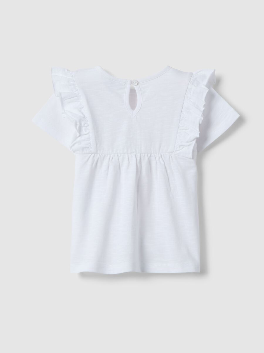 Girls&rsquo; white pure cotton T-shirt, regular fit, with ruffle sleeves_1