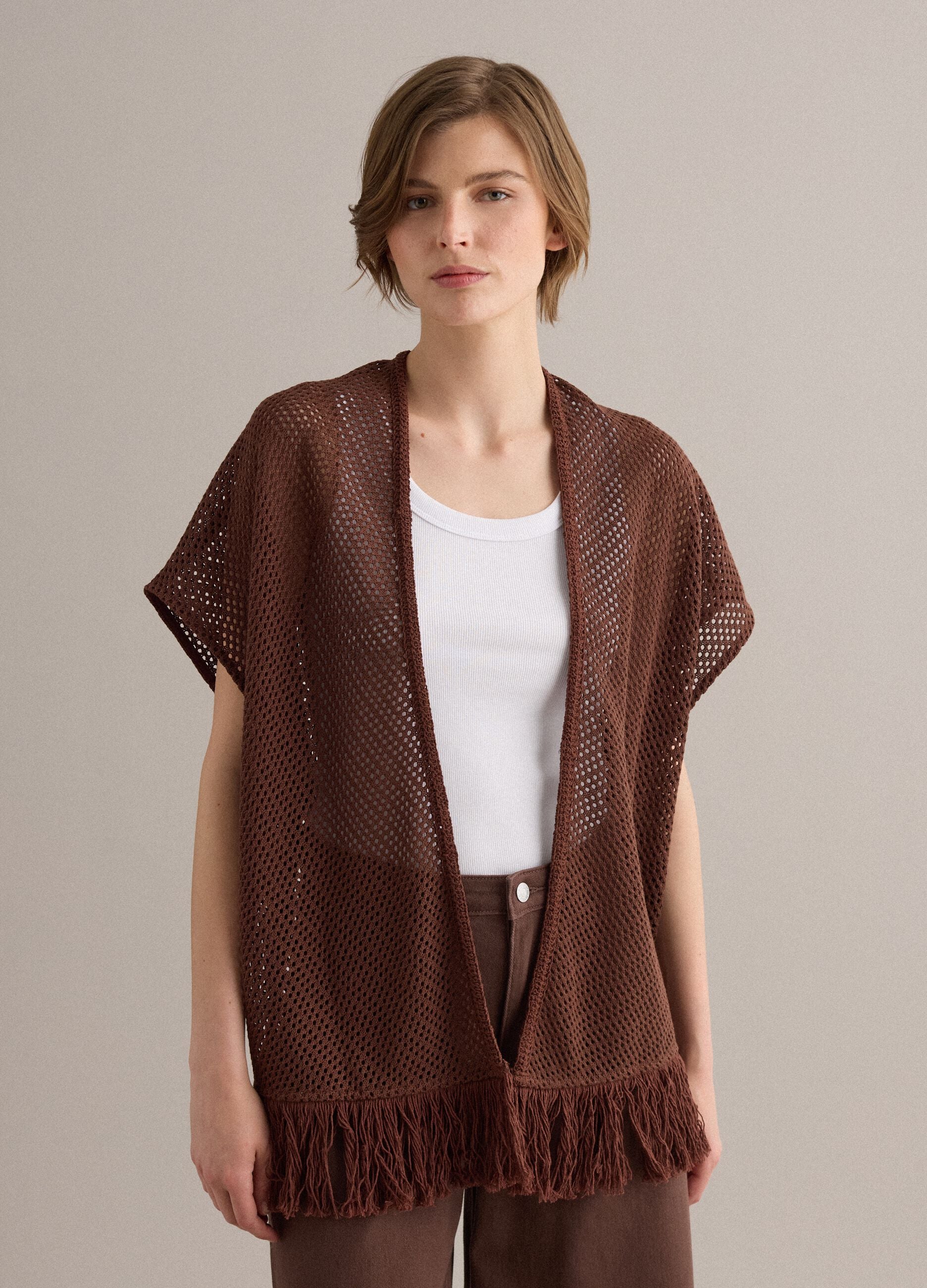 Brown fringed mesh-knit viscose-blend cardigan