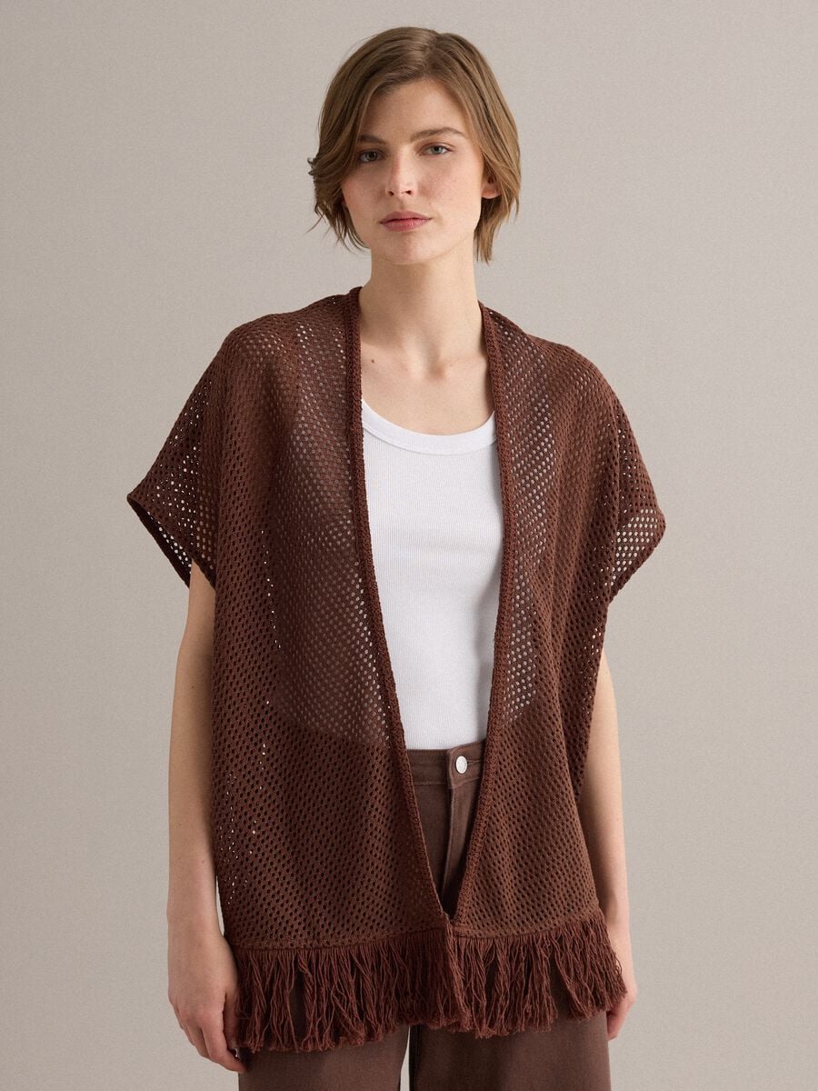 Brown fringed mesh-knit viscose-blend cardigan_0