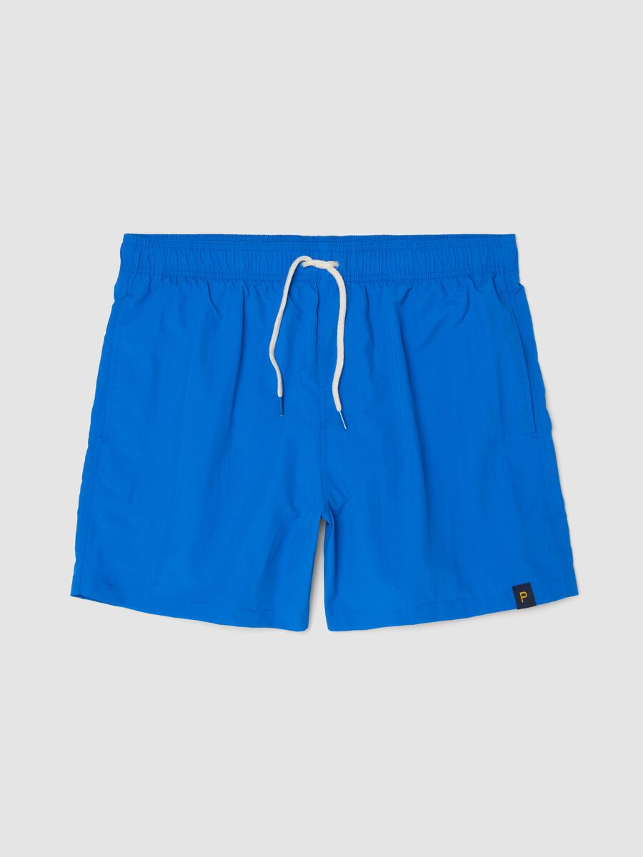Blue swim shorts with elasticated waist and drawstring_0