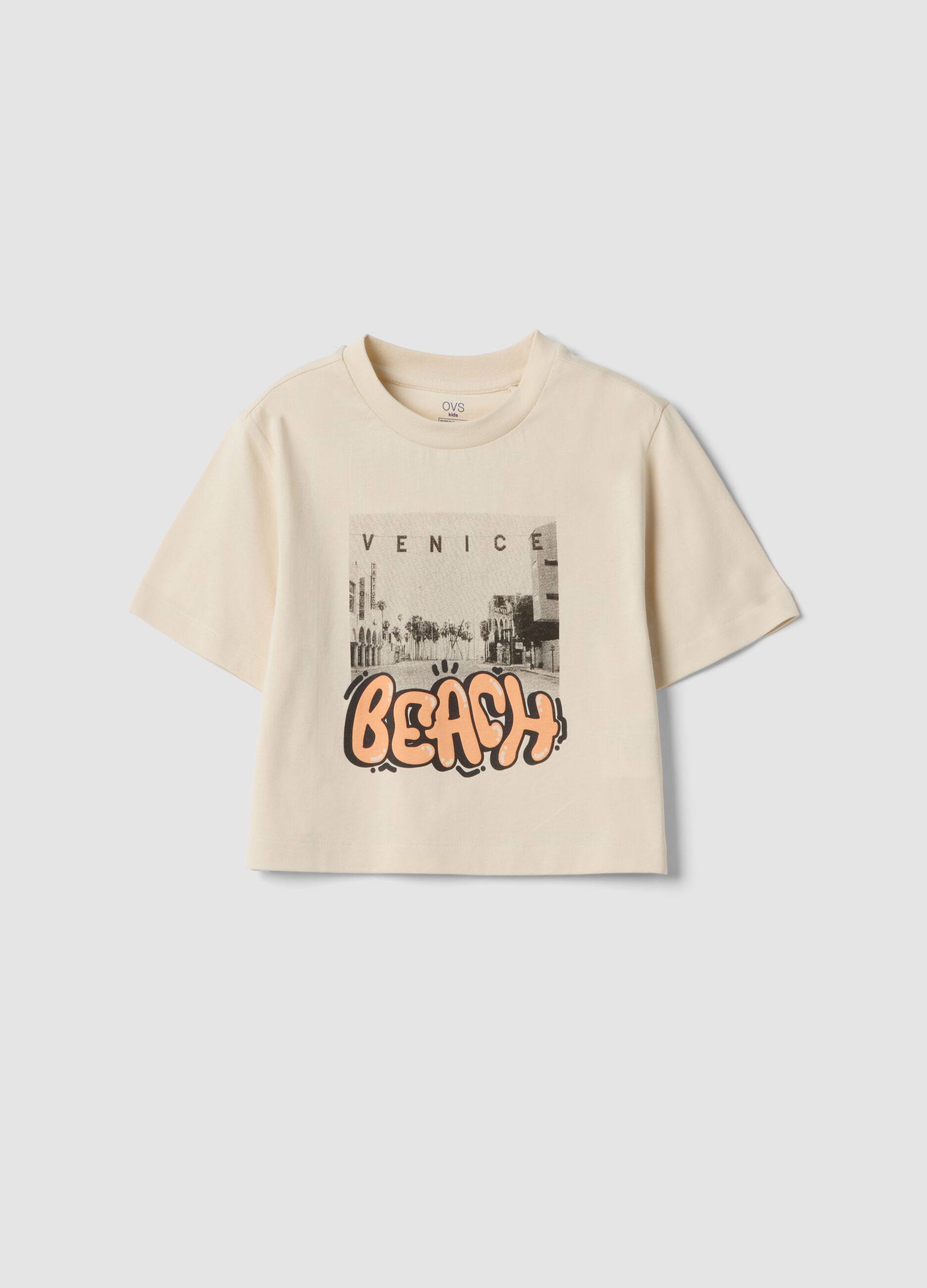 Beige organic cotton short-sleeve T-shirt