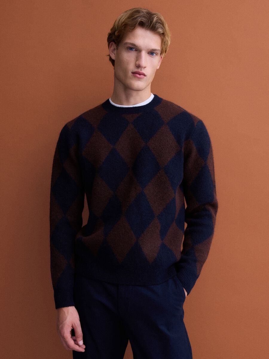 Blue and brown stretch wool jacquard jumper, regular fit_2