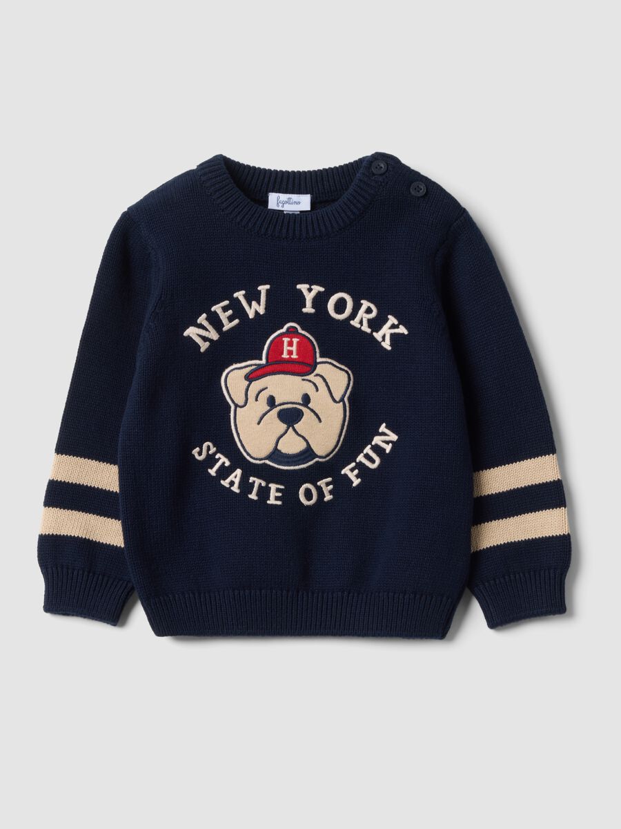 Blue pure cotton crew-neck jumper with puppy print for baby boy_0
