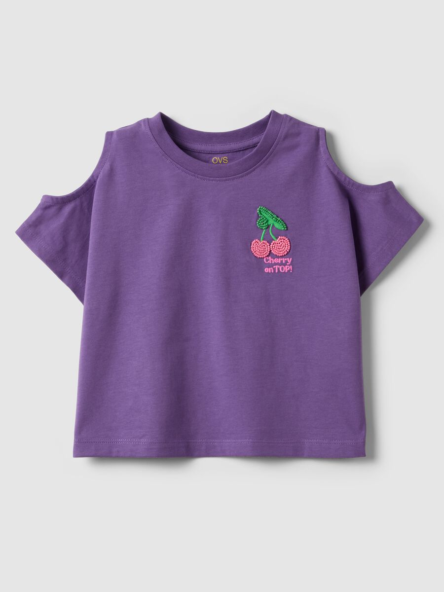 Violettes M&auml;dchen-T-Shirt aus reiner Baumwolle mit Stickerei und Cut-out-&Auml;rmeln_0