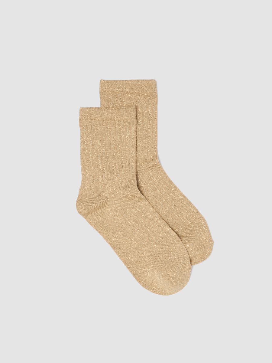 Beige Socken aus Stretchmaterial mit Lurexgarn_0