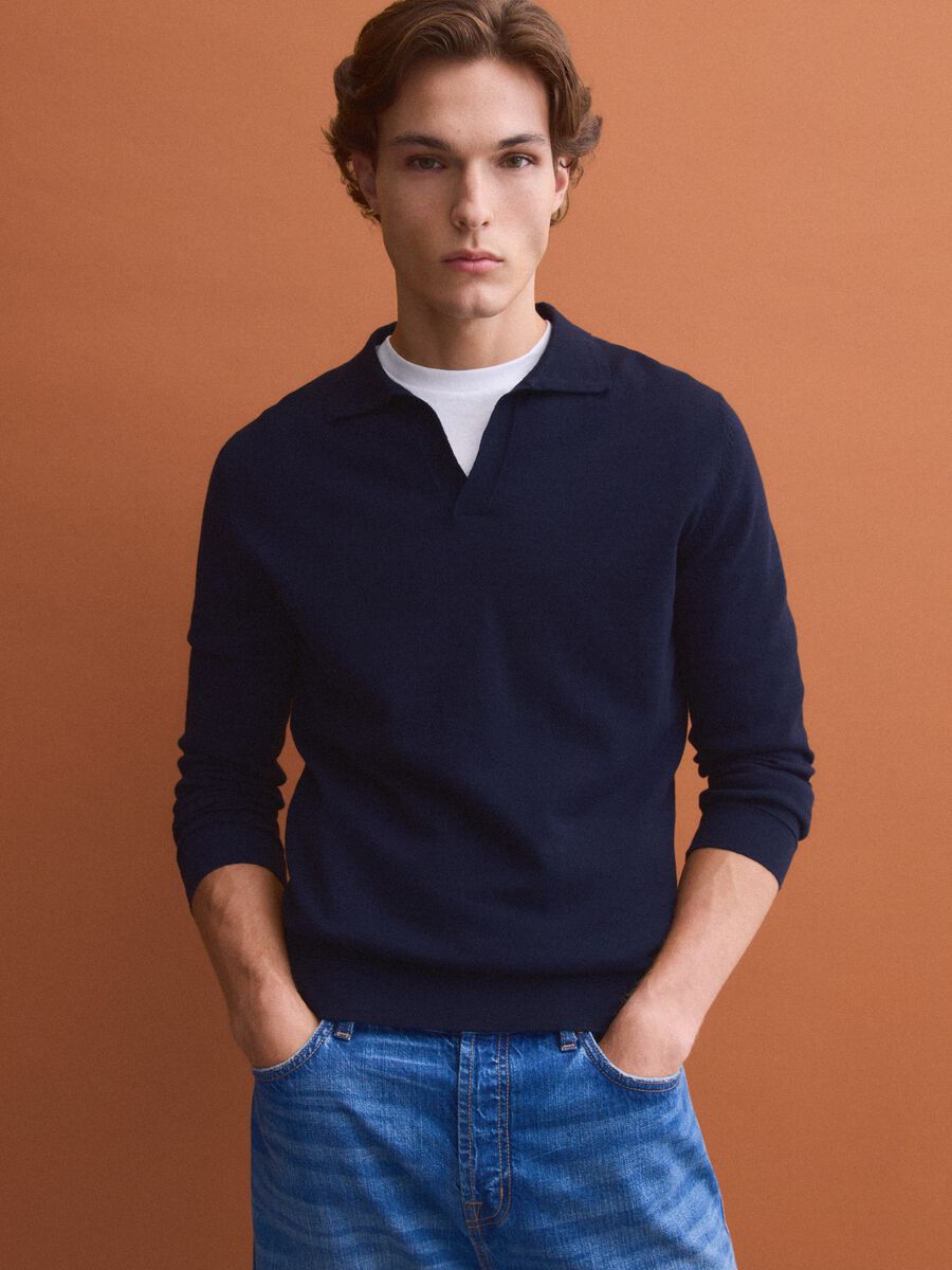 Blue long-sleeve pure cotton polo shirt_2