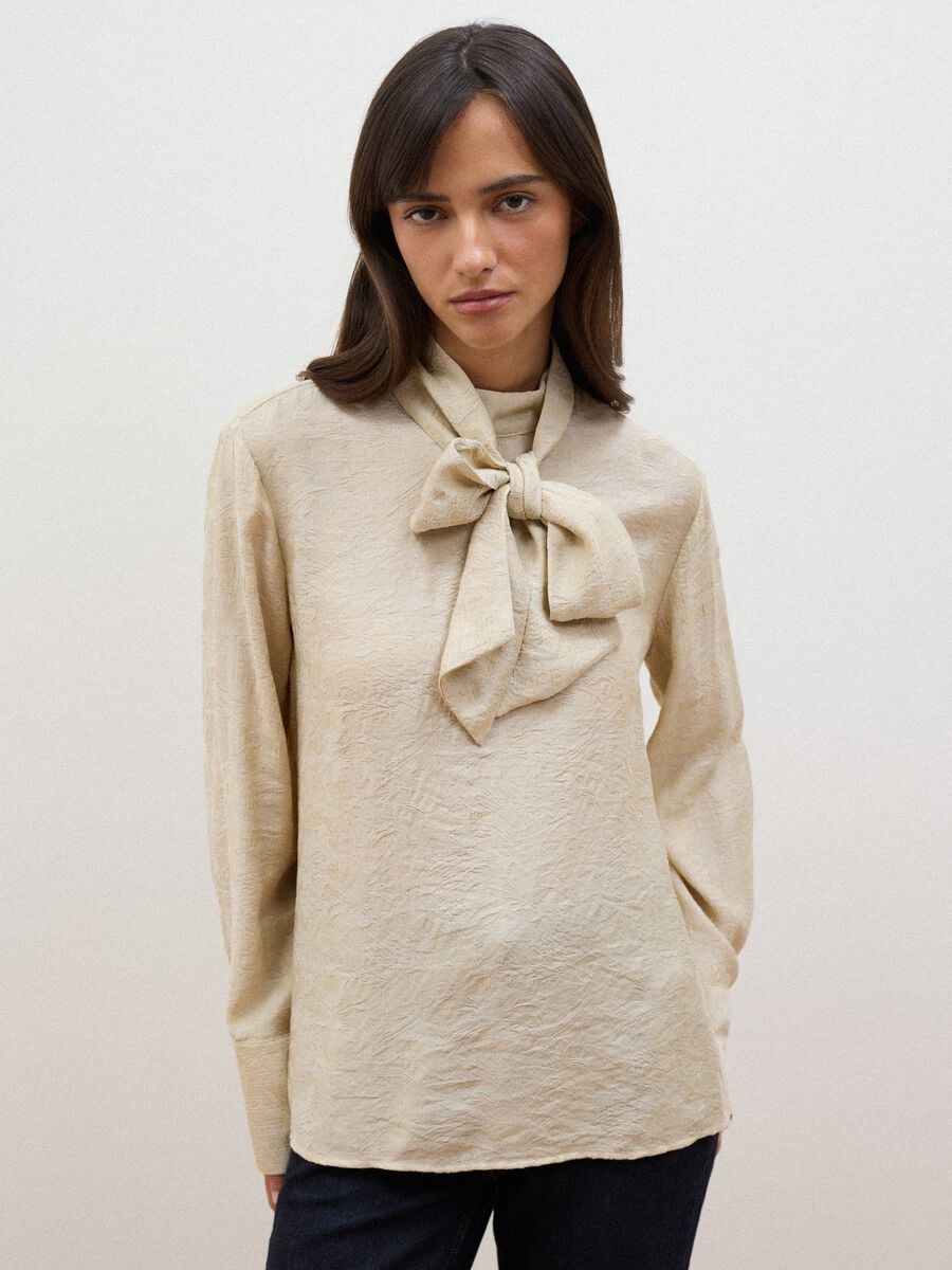 Beige viscose-blend blouse with bow collar_1