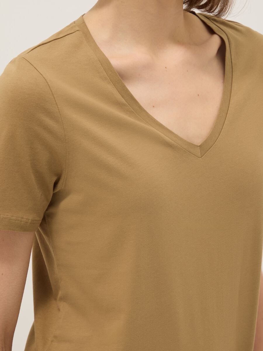 Brown pure cotton V-neck regular fit t-shirt_3