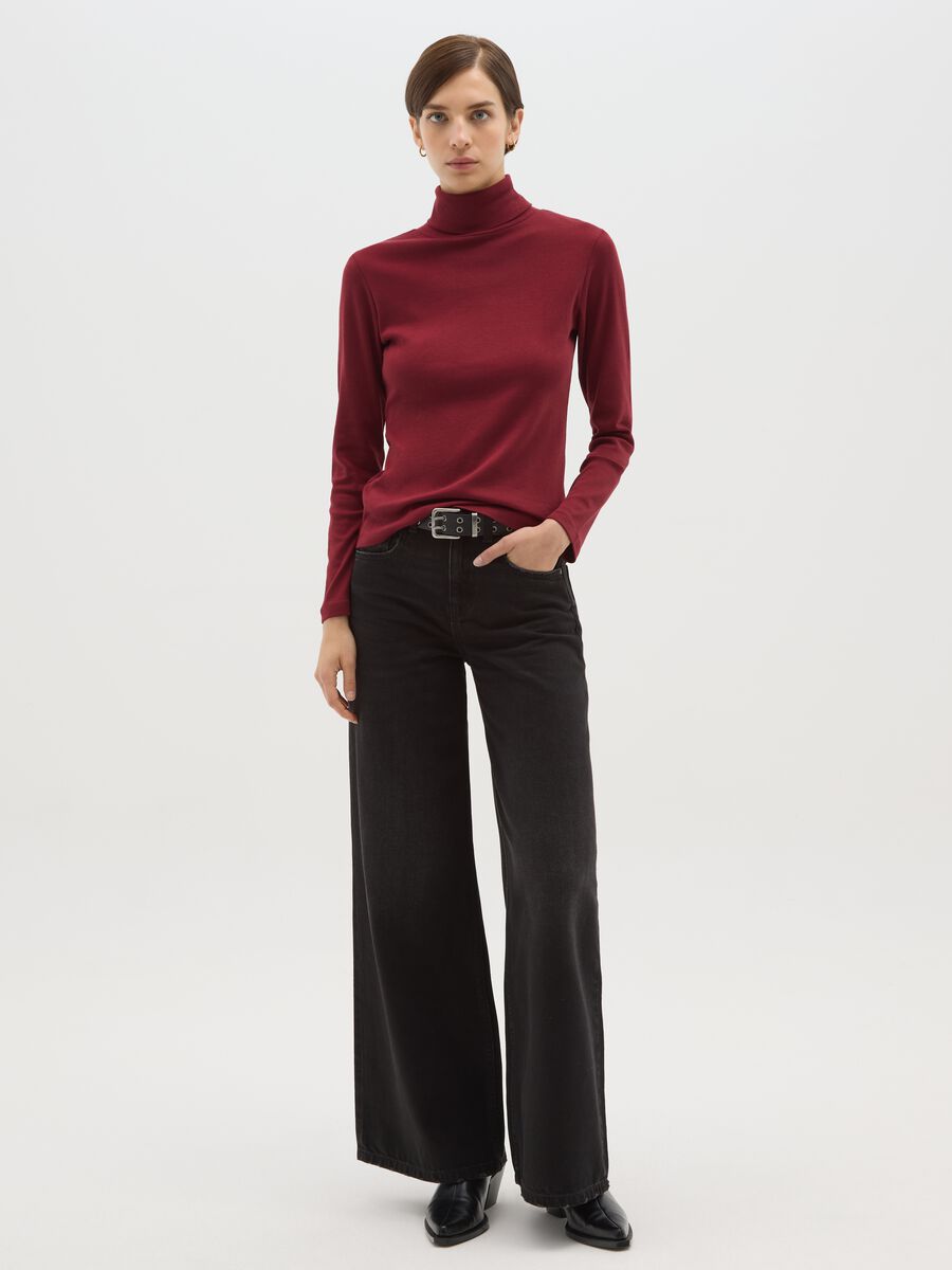 Red long sleeve turtle neck top in pure cotton regular fit_1