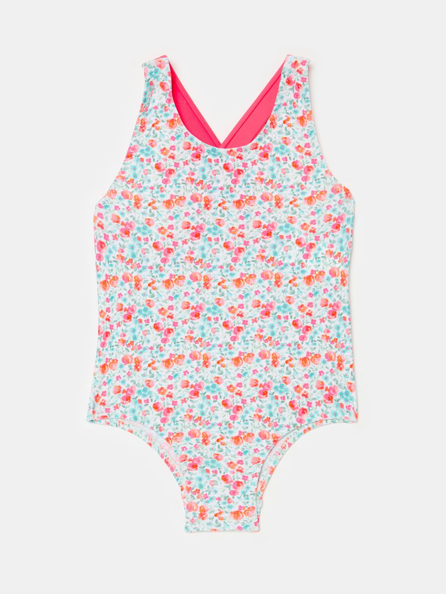One-piece swimsuit with floral pattern and bow_0