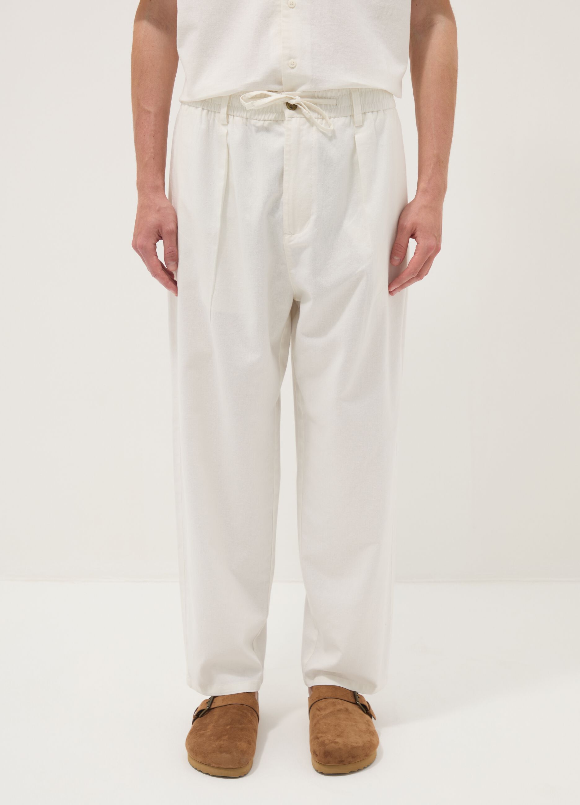 White linen-cotton blend trousers with elasticated waistband