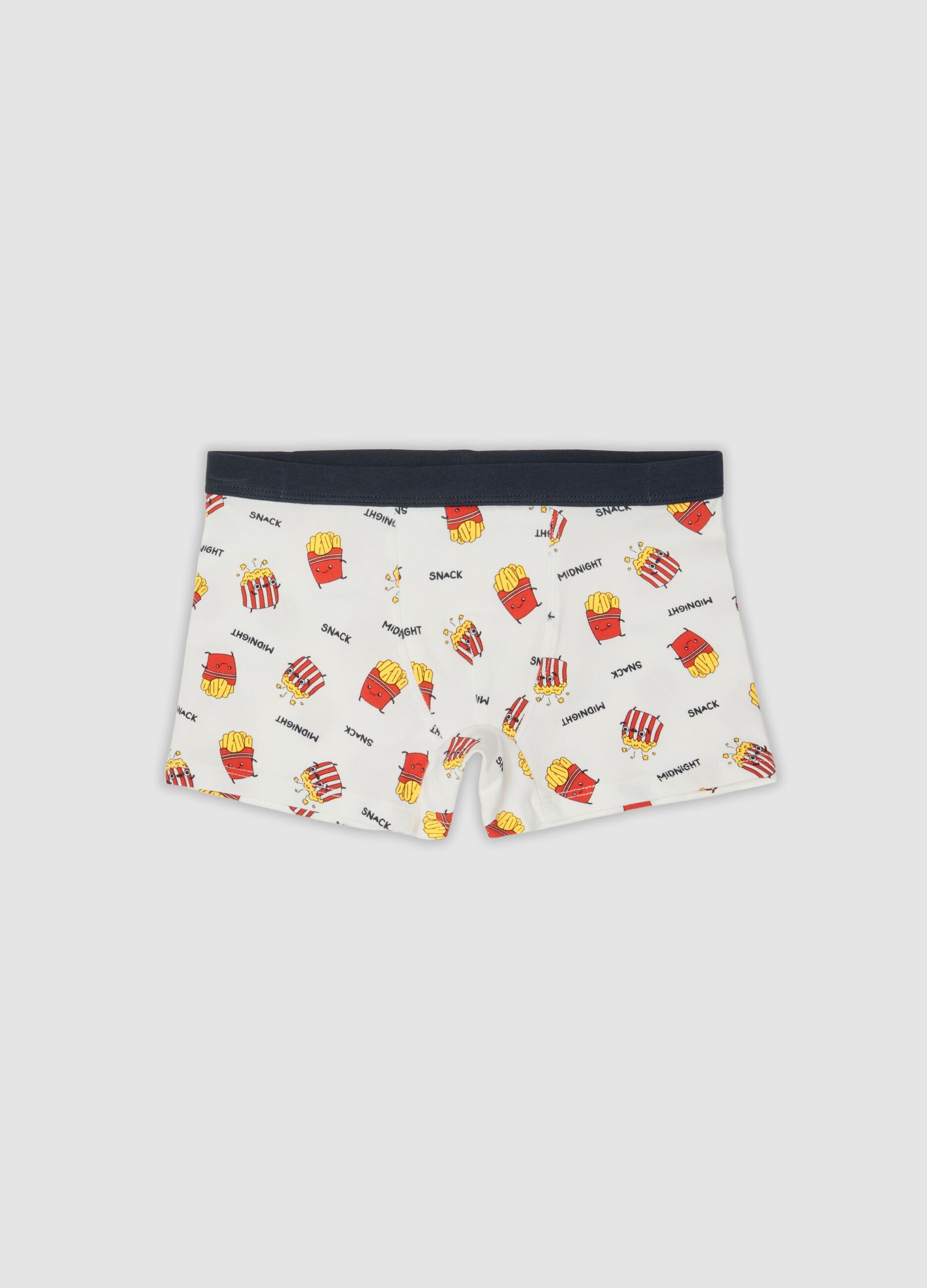 Boxer midi bianco in cotone organico elasticizzato con stampa patatine fritte