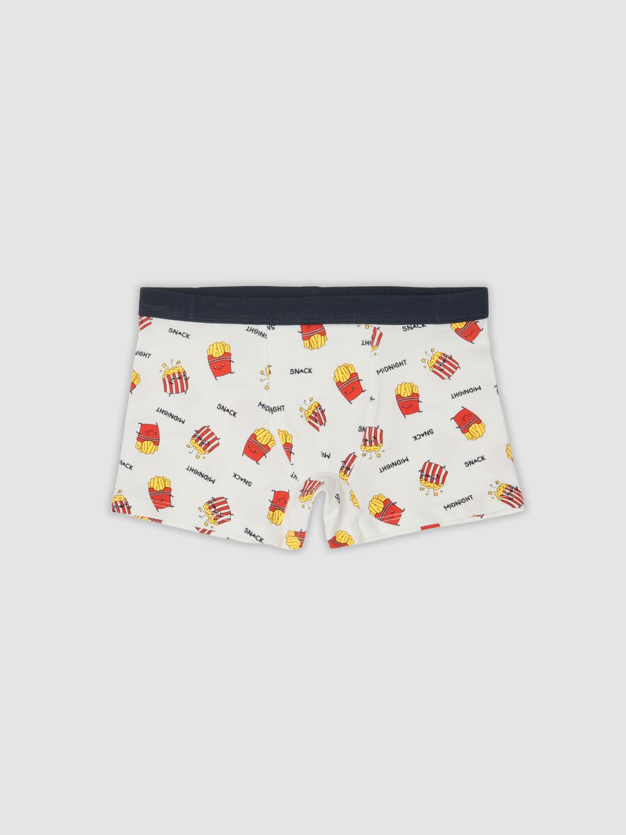 Boxer midi bianco in cotone organico elasticizzato con stampa patatine fritte_0