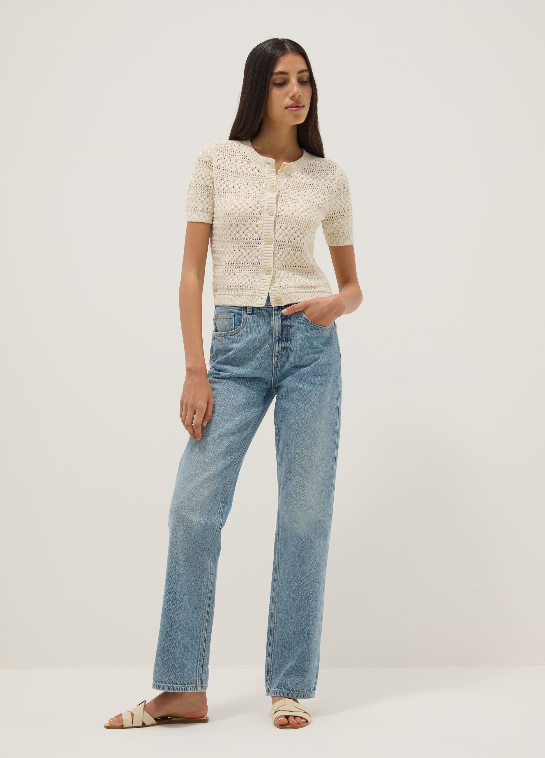 White cotton-blend regular-fit knitted cardigan