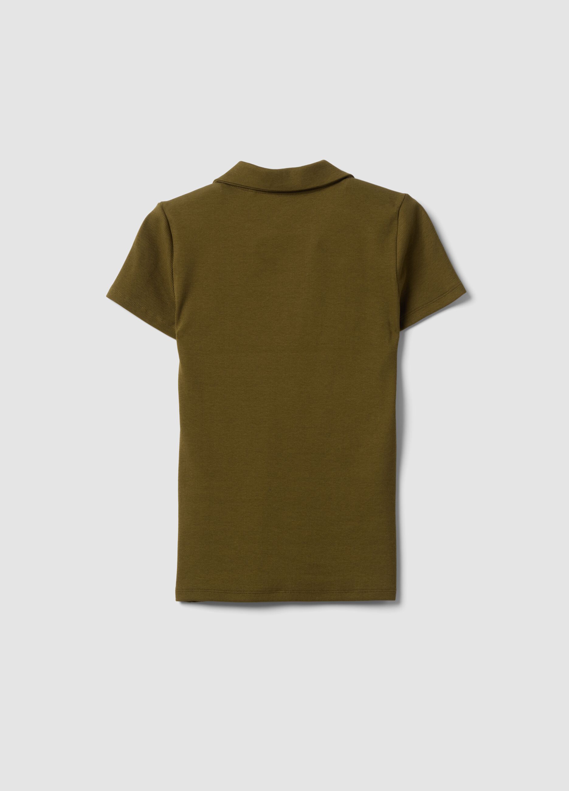 Green stretch cotton V-neck polo shirt with open neckline, regular fit
