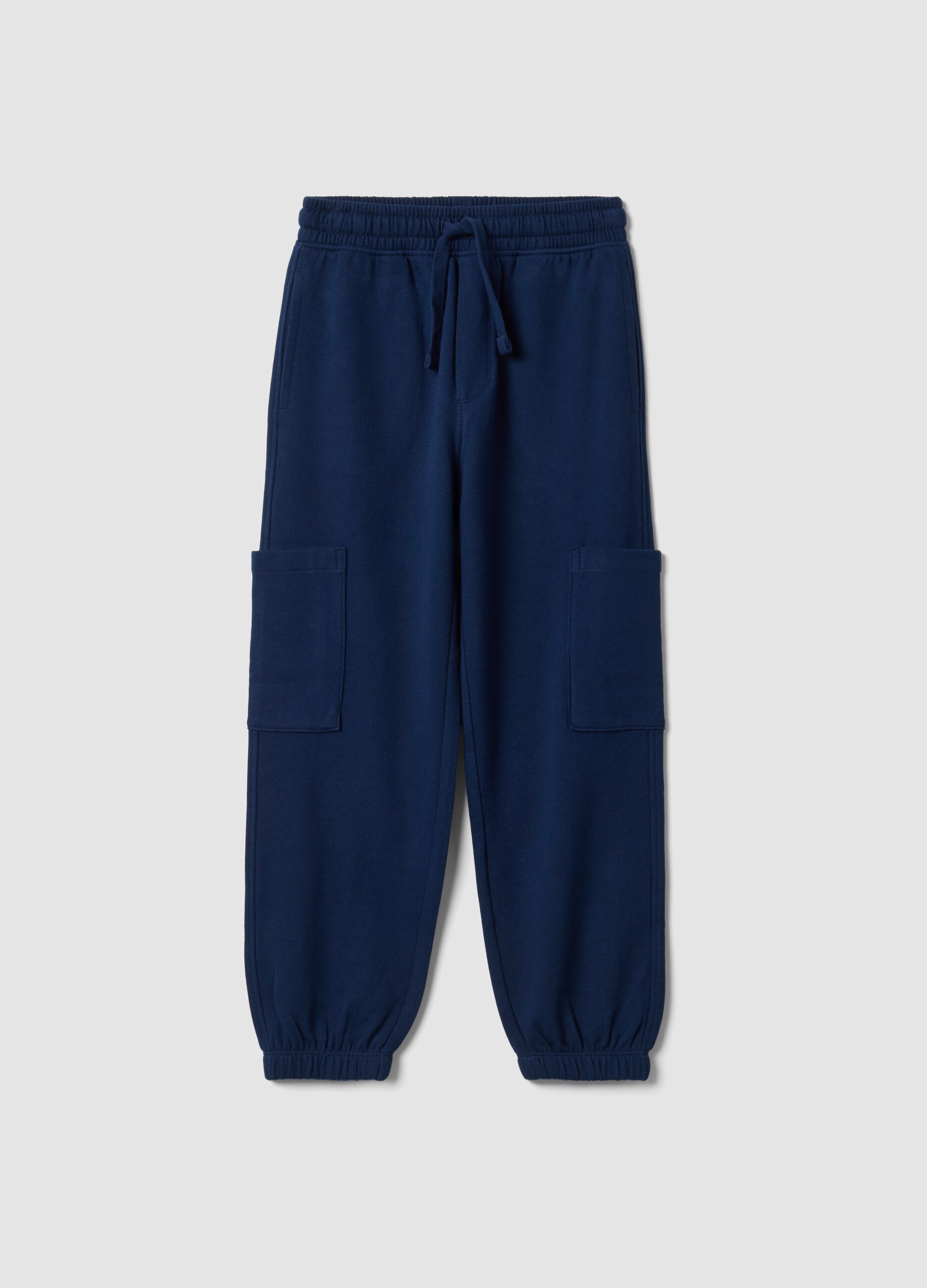 Pantaloni jogger blu in puro cotone organico con tasche cargo per bambino