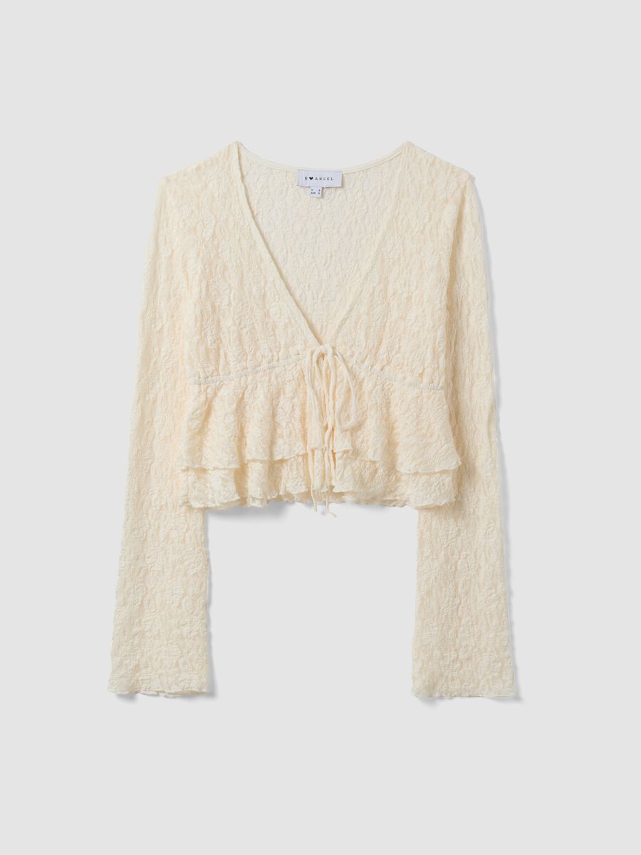 White stretch fabric top with deep V-neck and ruffle hem_4