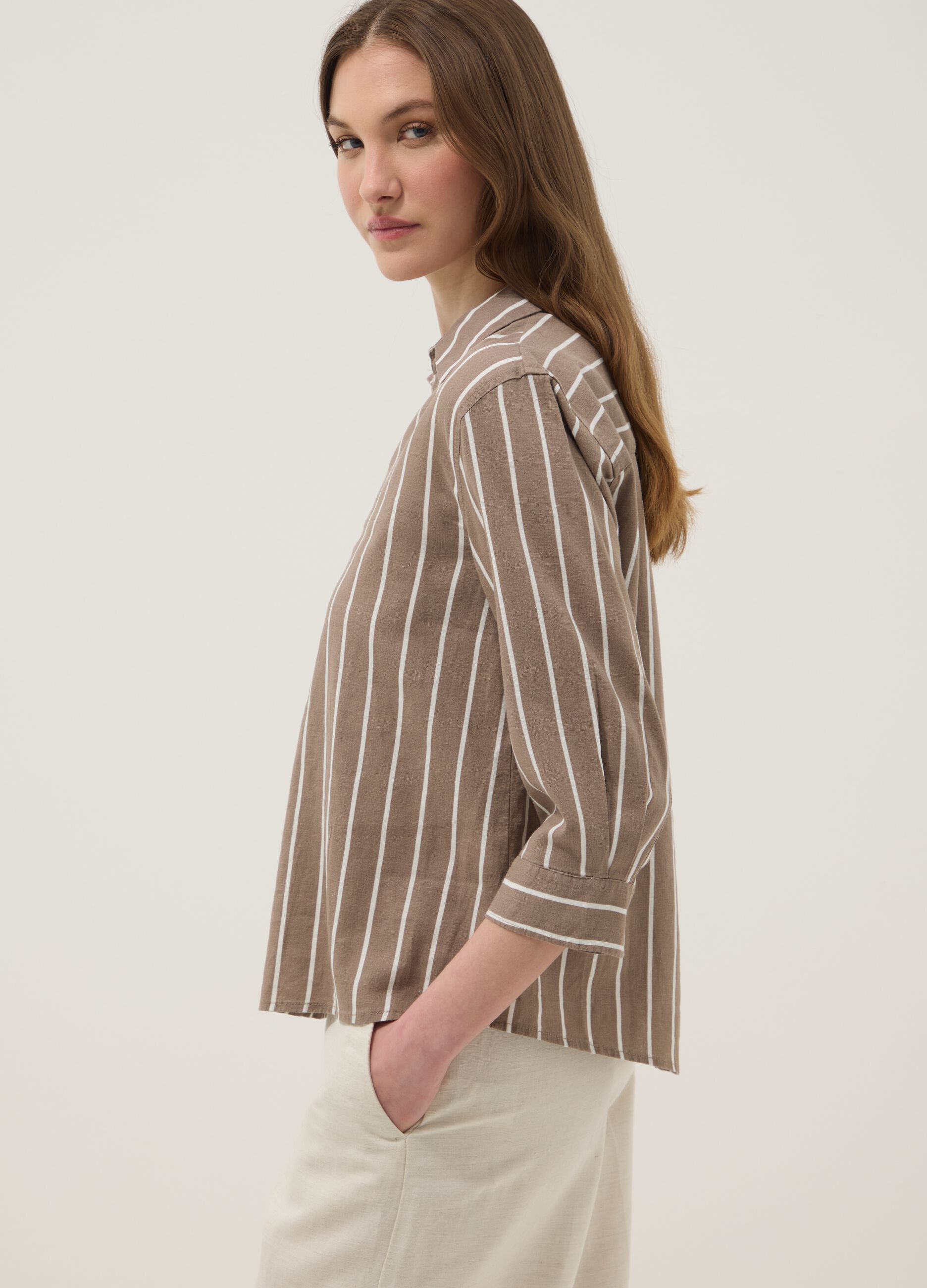 Brown striped linen-viscose blend shirt