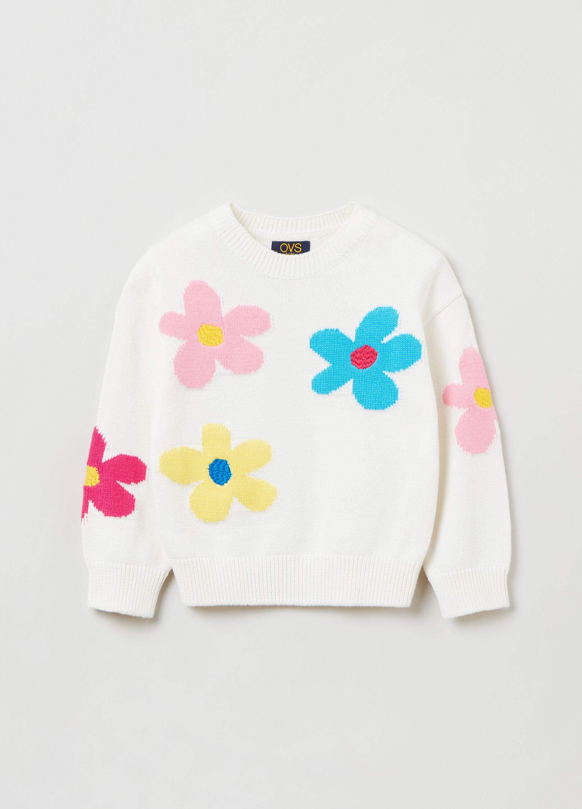 Round neck pullover with jacquard flowers
