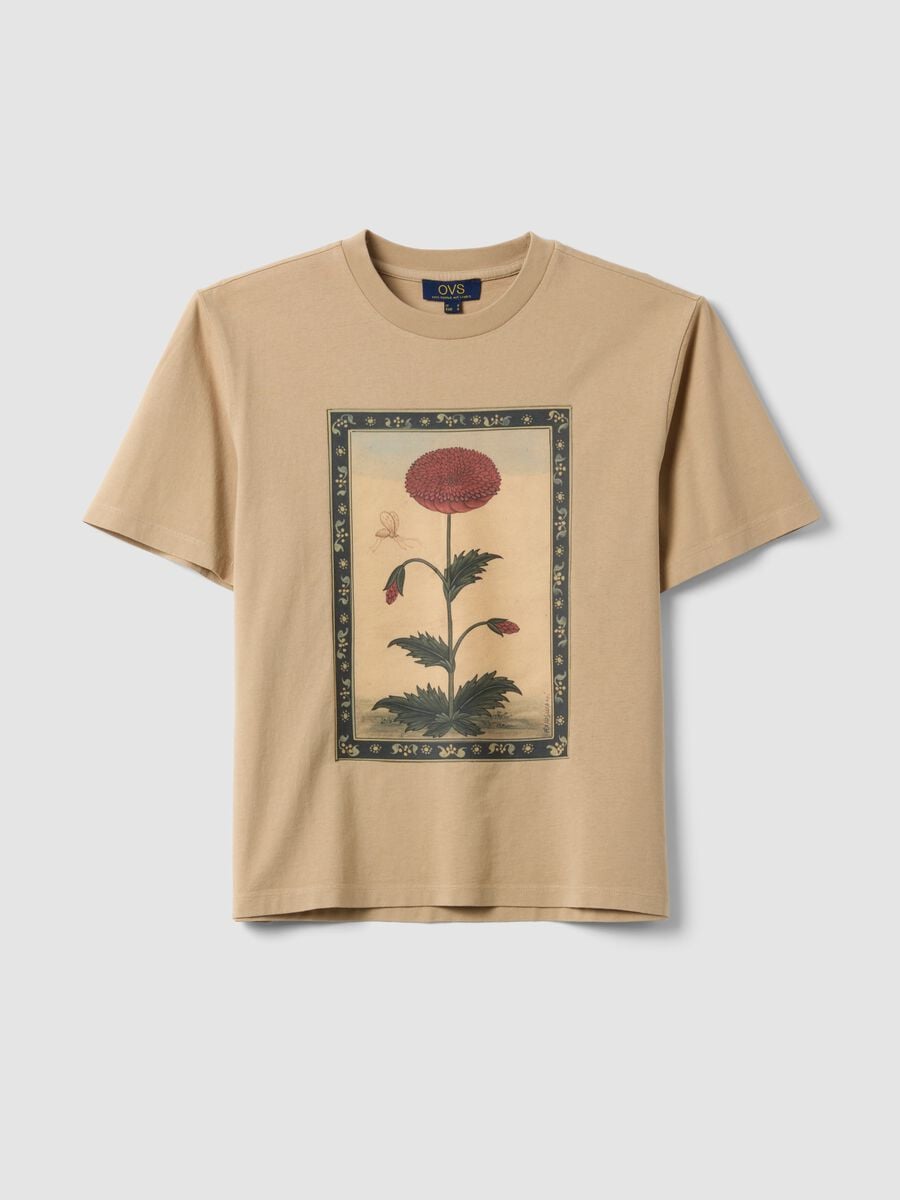 Beige pure cotton T-shirt with floral print_0