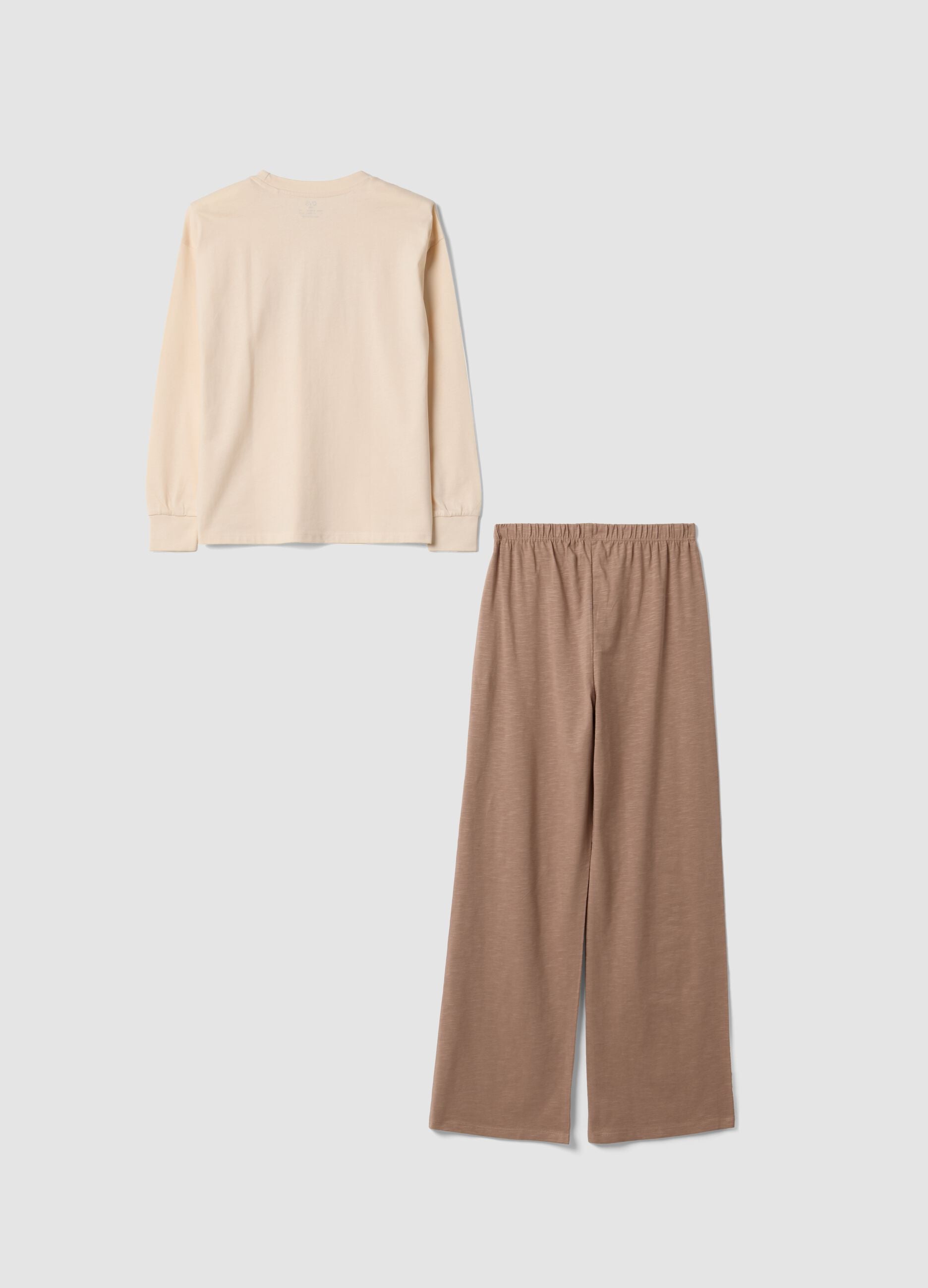 Beige organic cotton pyjamas with crew neck and teddy bear print