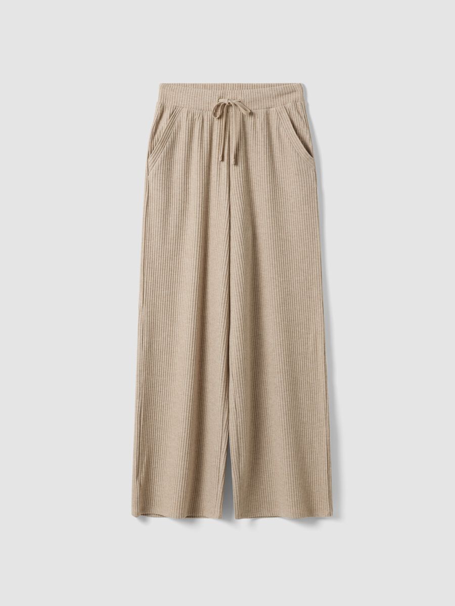 Beige ribbed stretch viscose straight-fit trousers_0