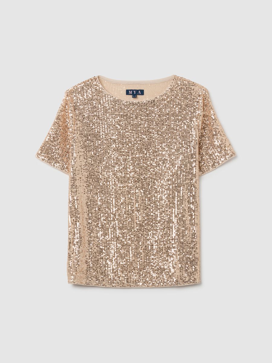 Beige short sleeve regular fit t-shirt with sequins_4