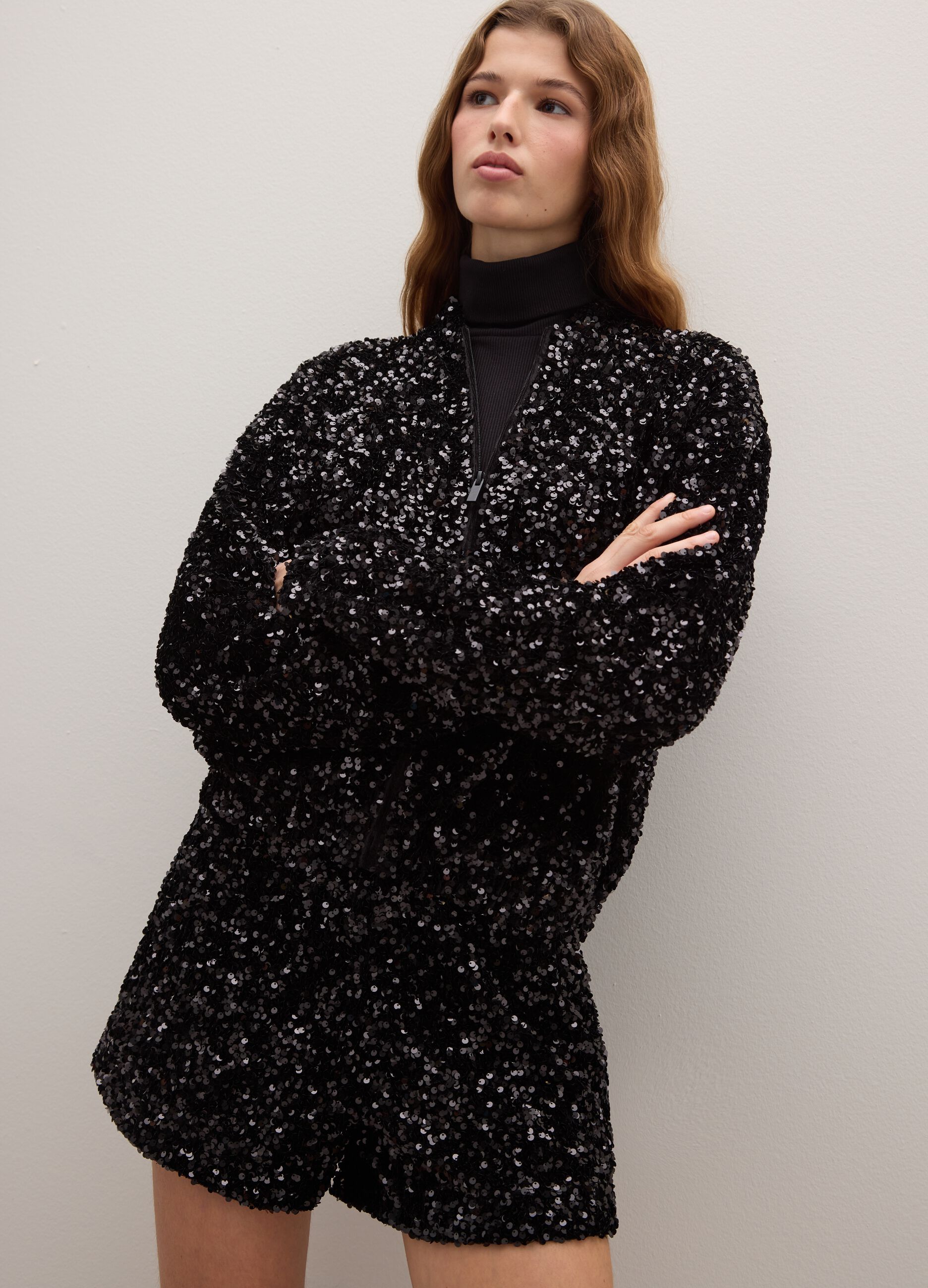 Black regular fit cardigan with zip and sequins