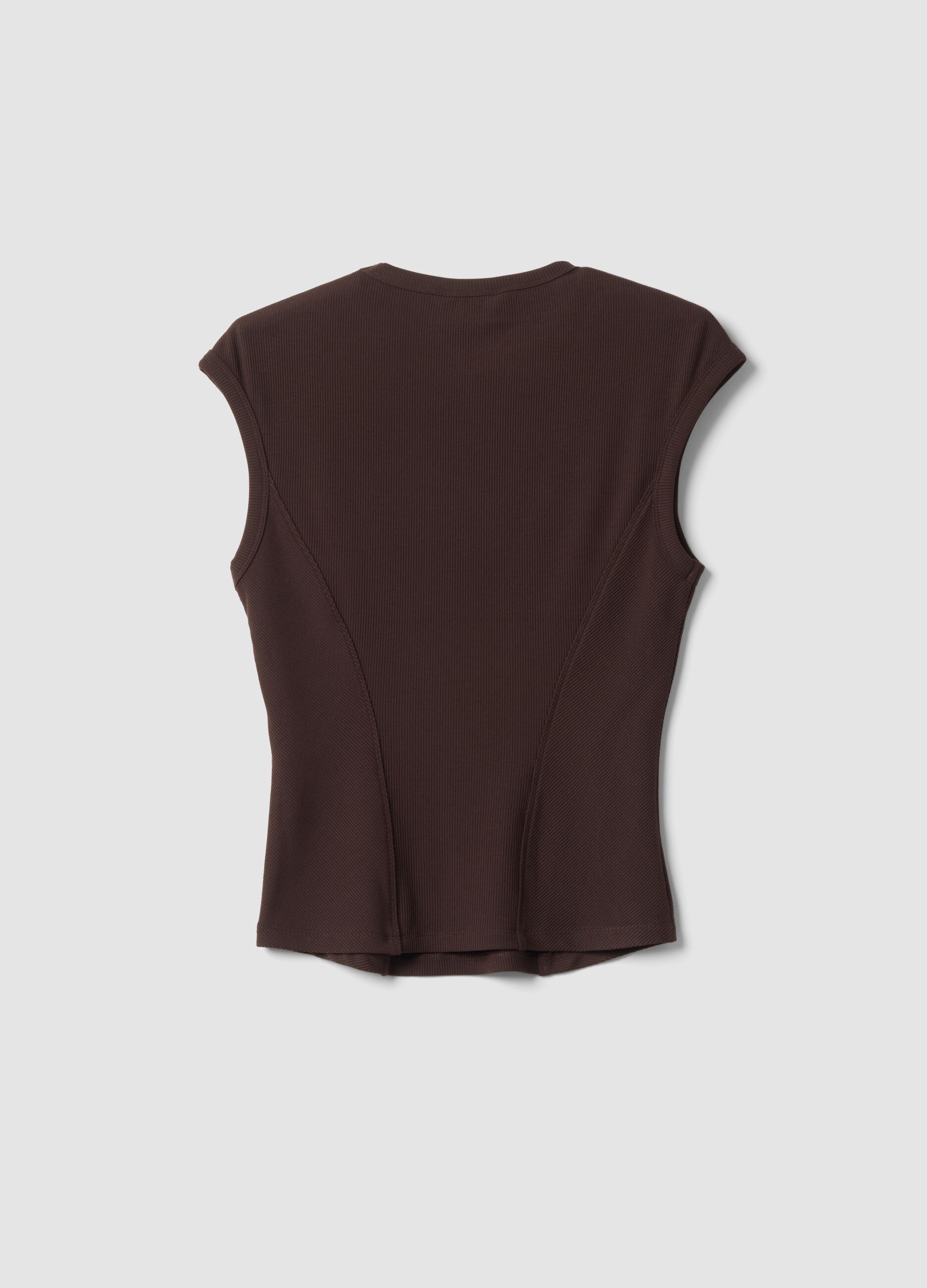 Brown ribbed stretch modal crew-neck top