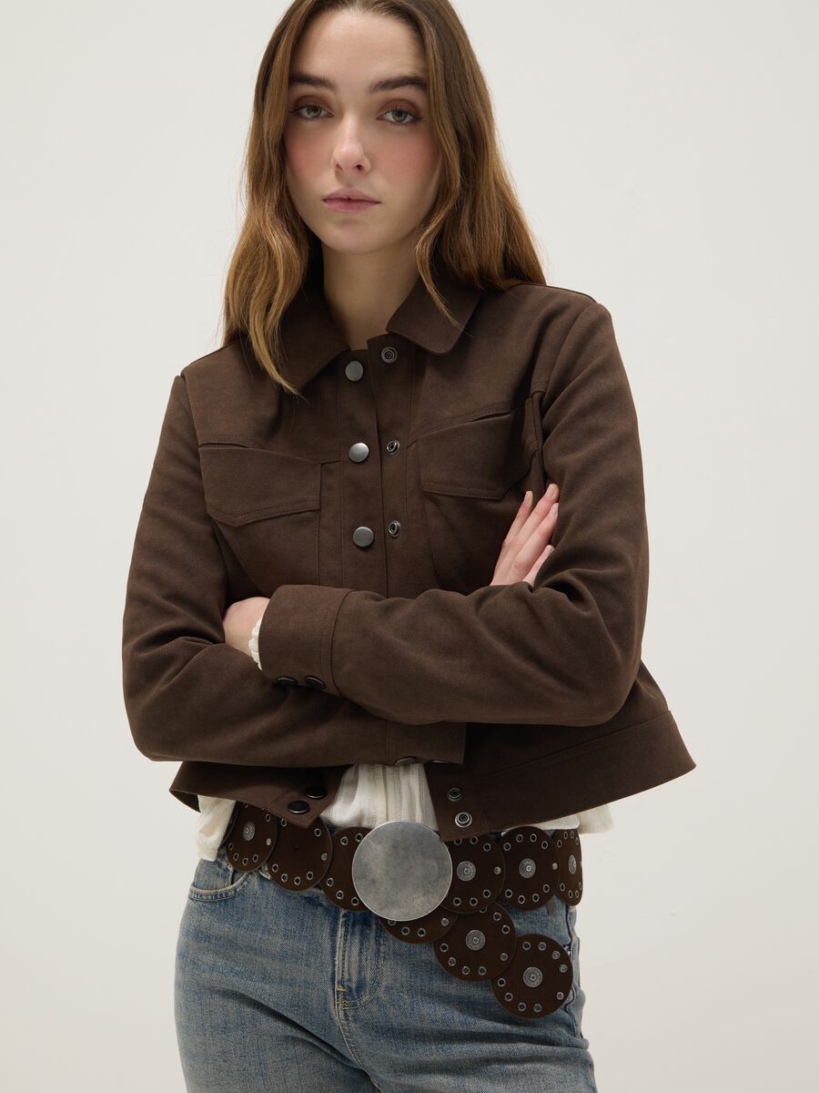 Brown regular fit jacket with snap buttons and chest pockets_2