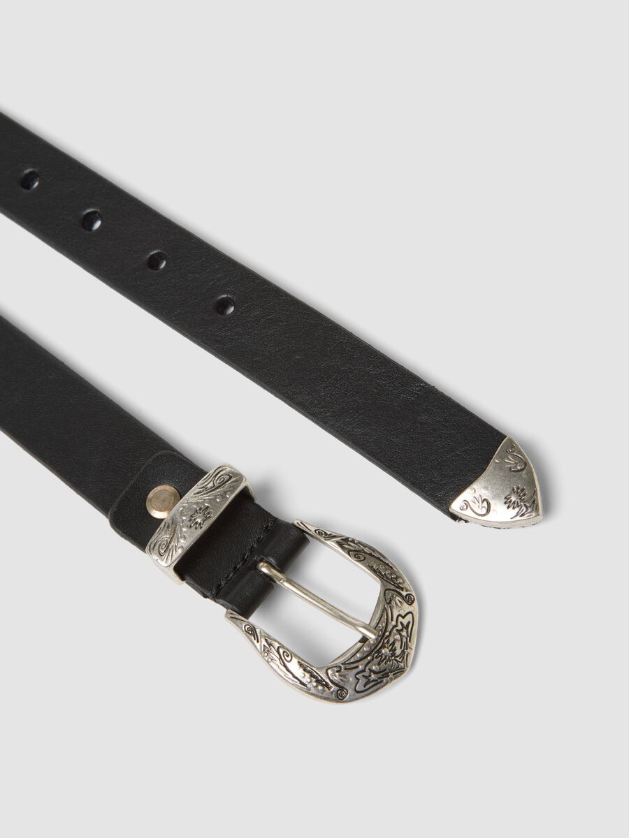 Black genuine leather belt with engraved buckle_1