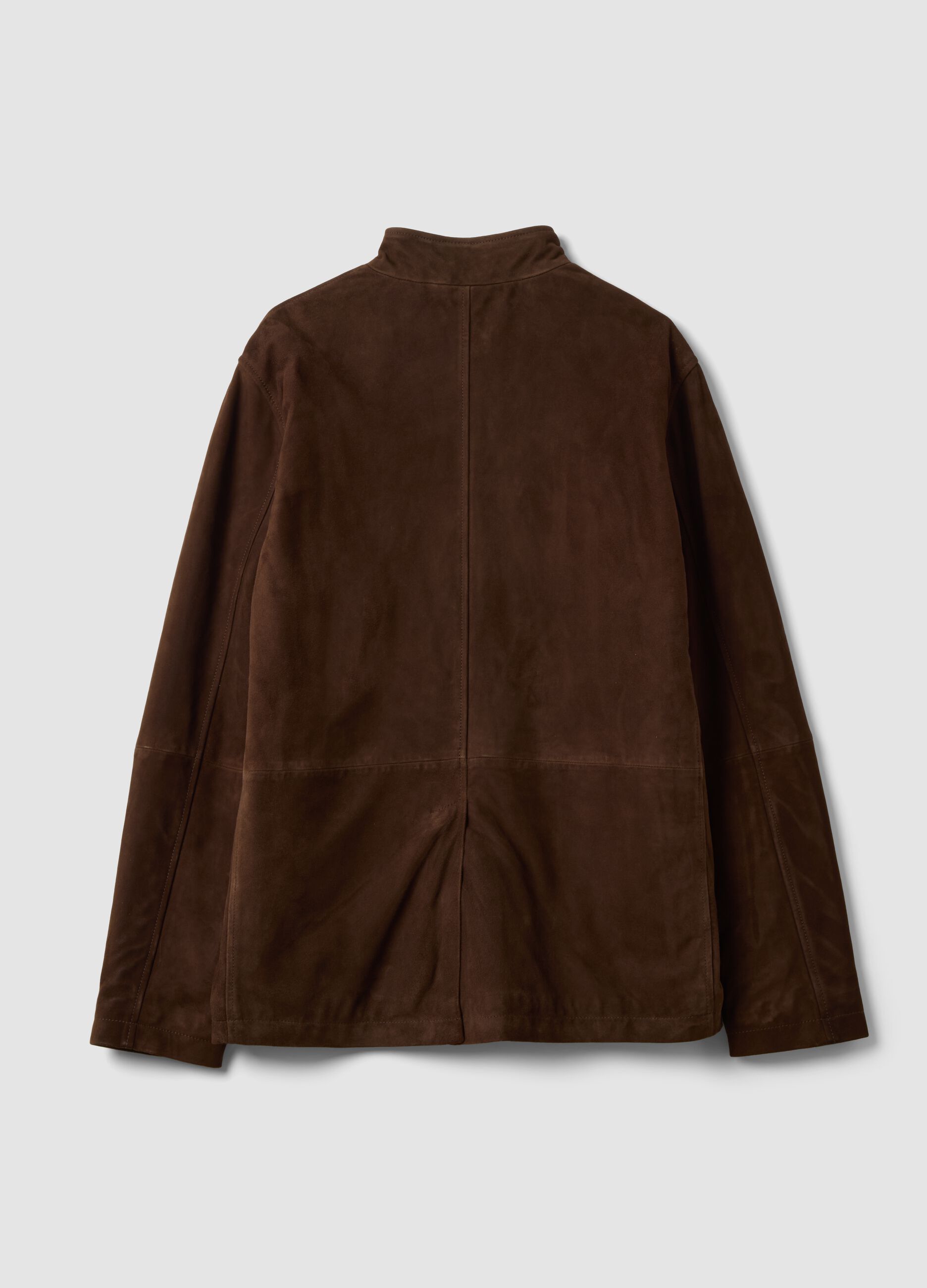 Brown padded genuine leather shacket with high collar, regular fit