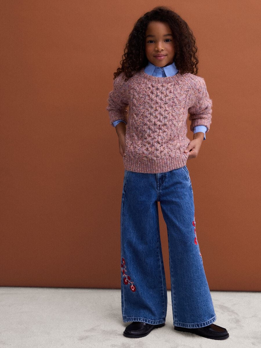Blue pure cotton wide-leg jeans with floral embroidery_0