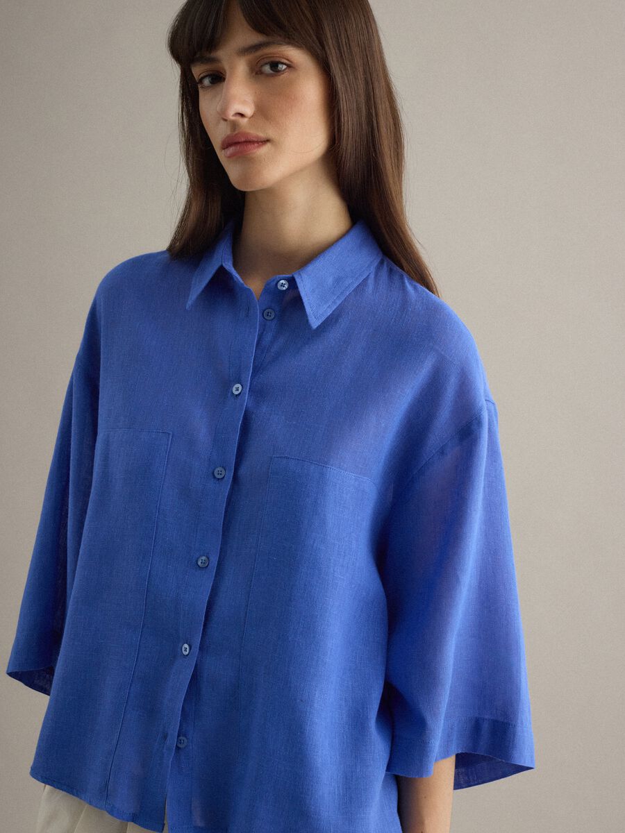 Blue Linen Blend Oversized Fit Shirt_0