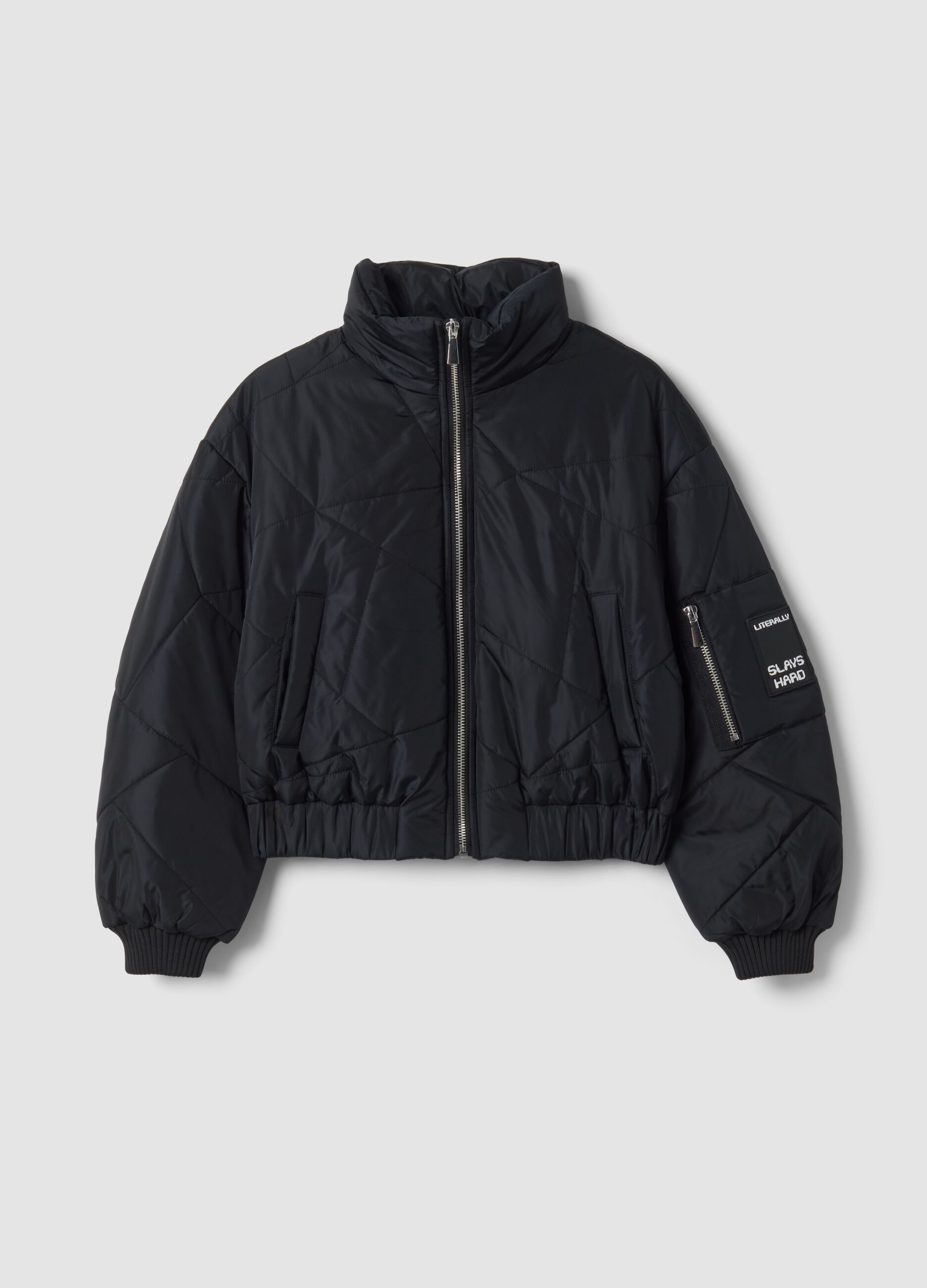 Black padded jacket with zip and high neck