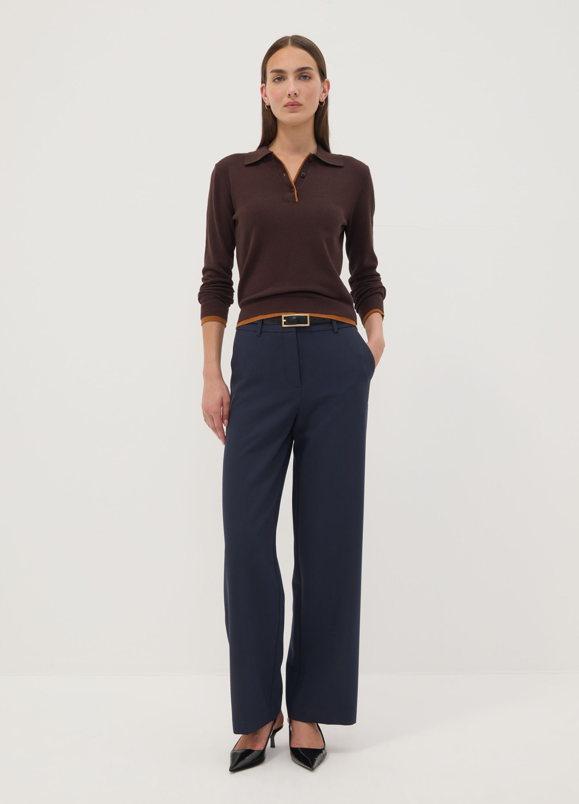 Brown viscose-blend polo-collar jumper, regular fit