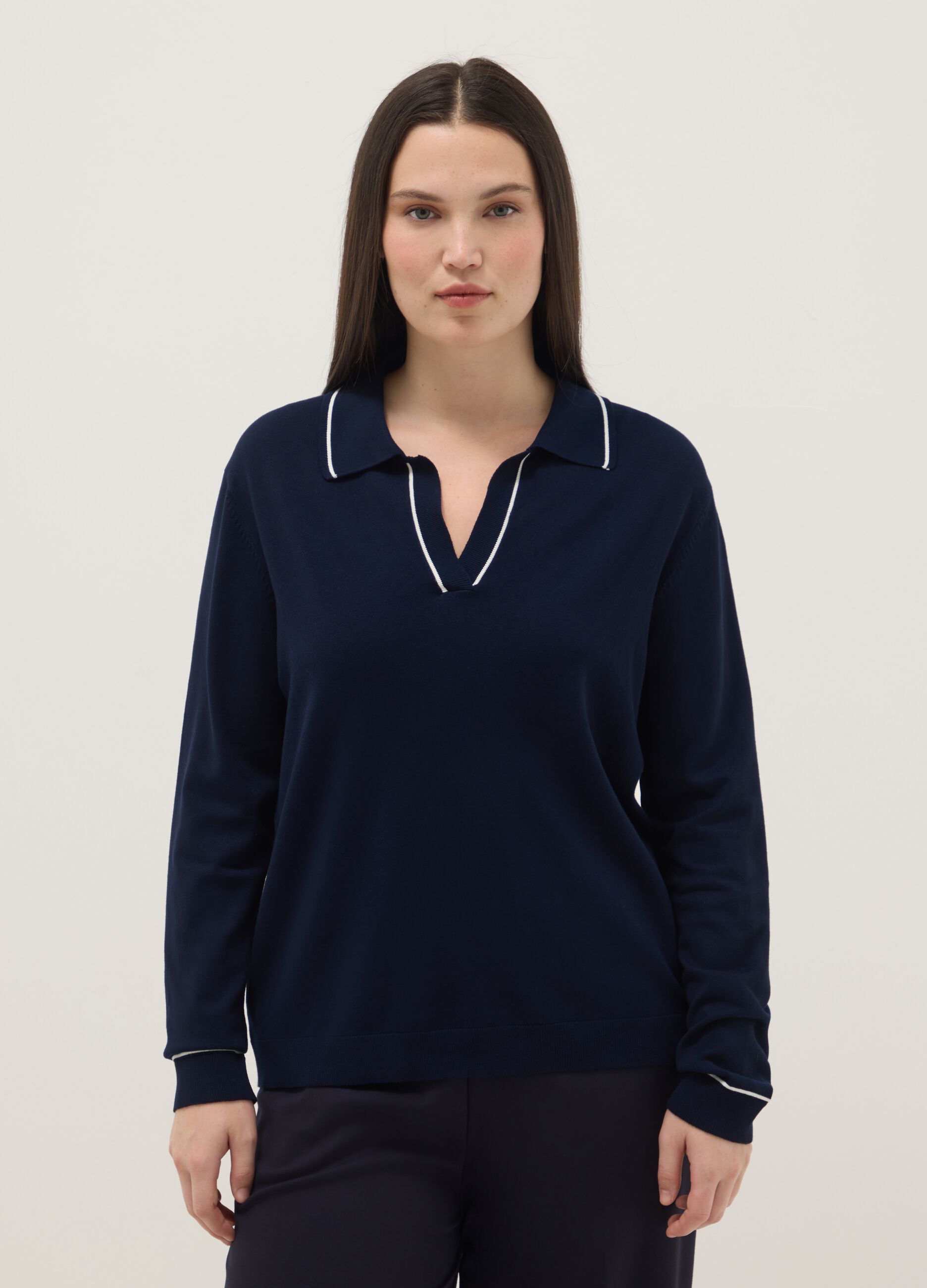 Blue viscose blend jumper with polo collar regular fit