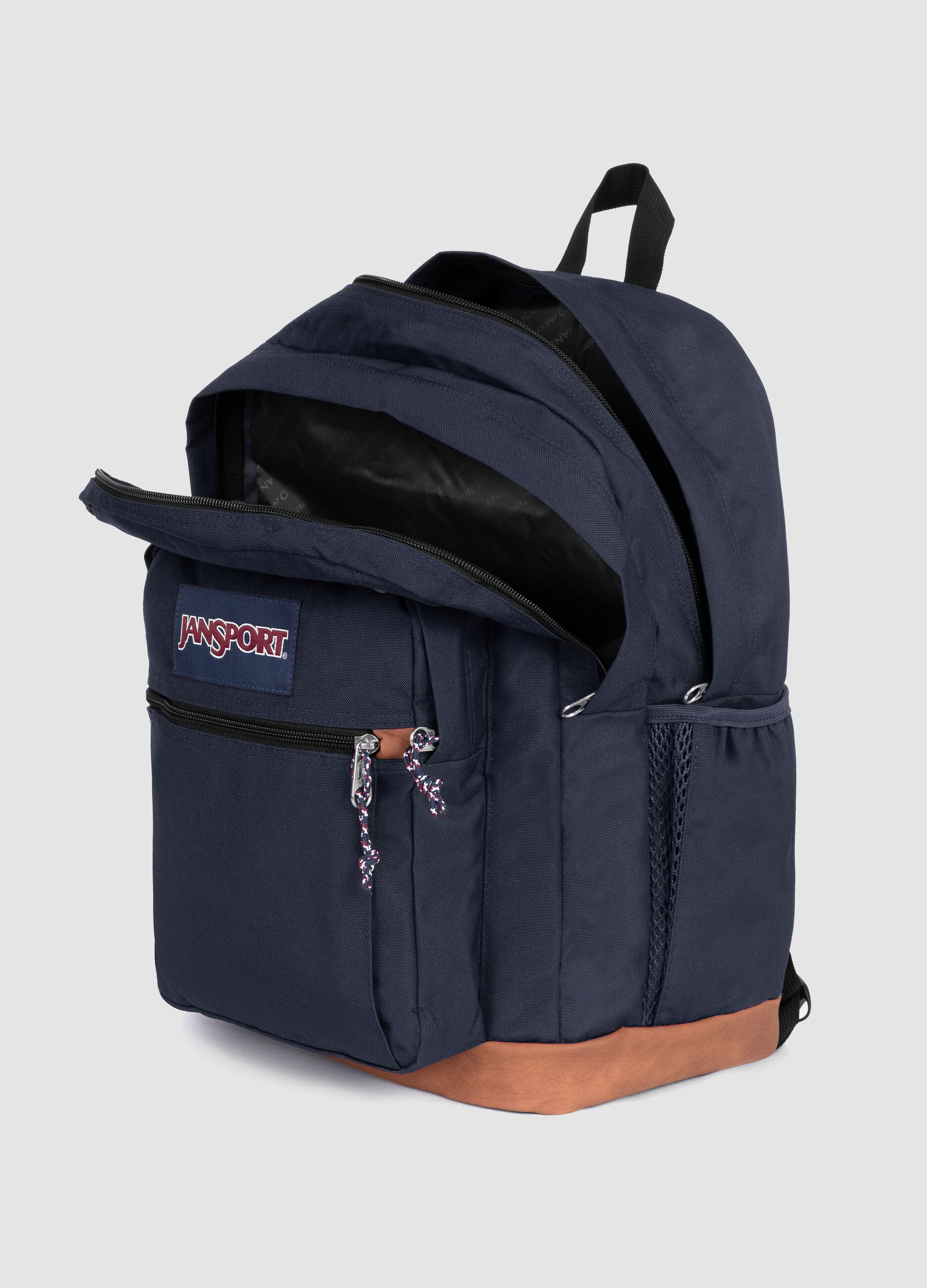 Zaino blu con fondo marrone e tasche esterne