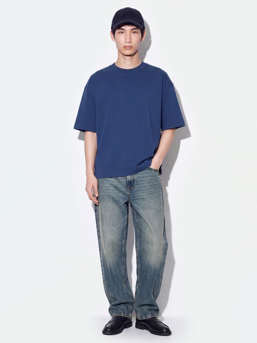 Blaues Rundhals-T-Shirt aus reiner Baumwolle, Boxy Fit_1