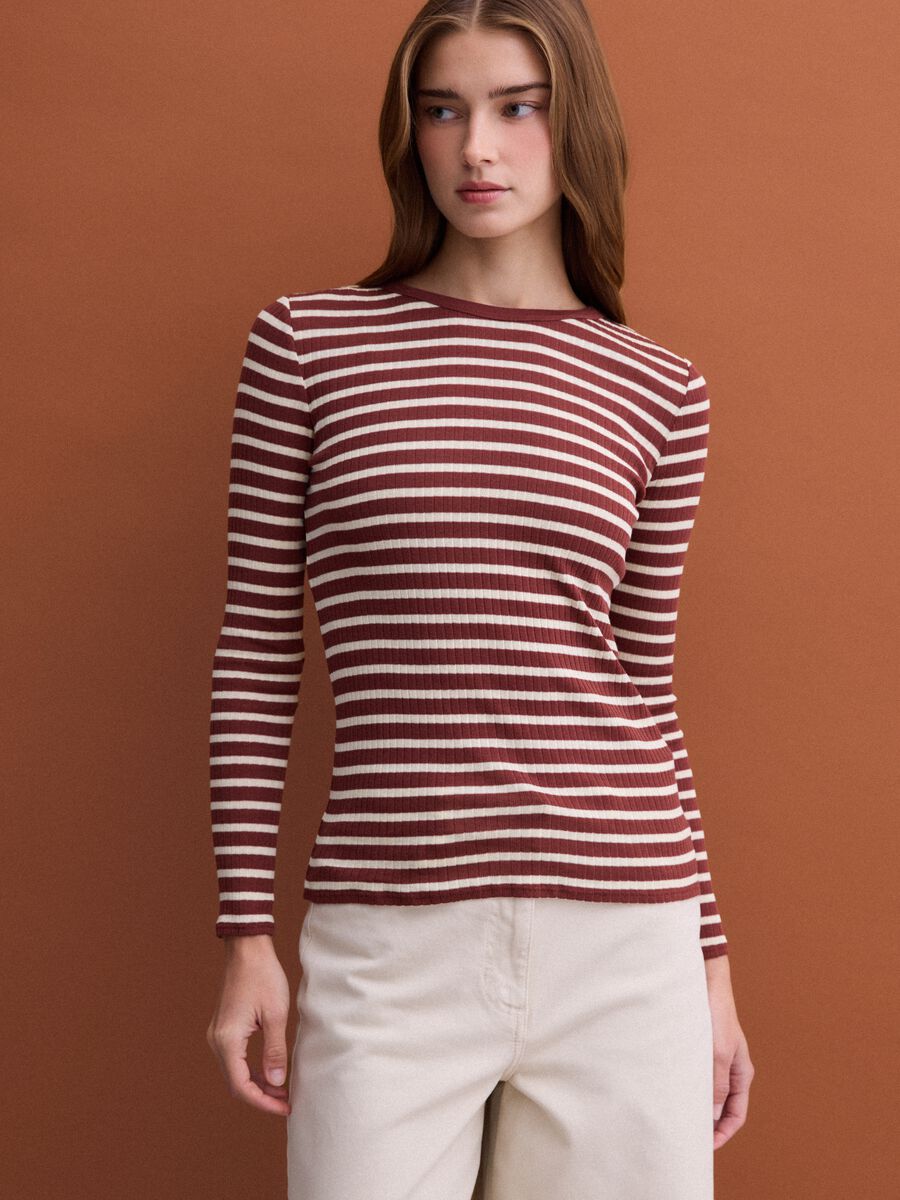Brown striped pure cotton ribbed regular-fit T-shirt_0