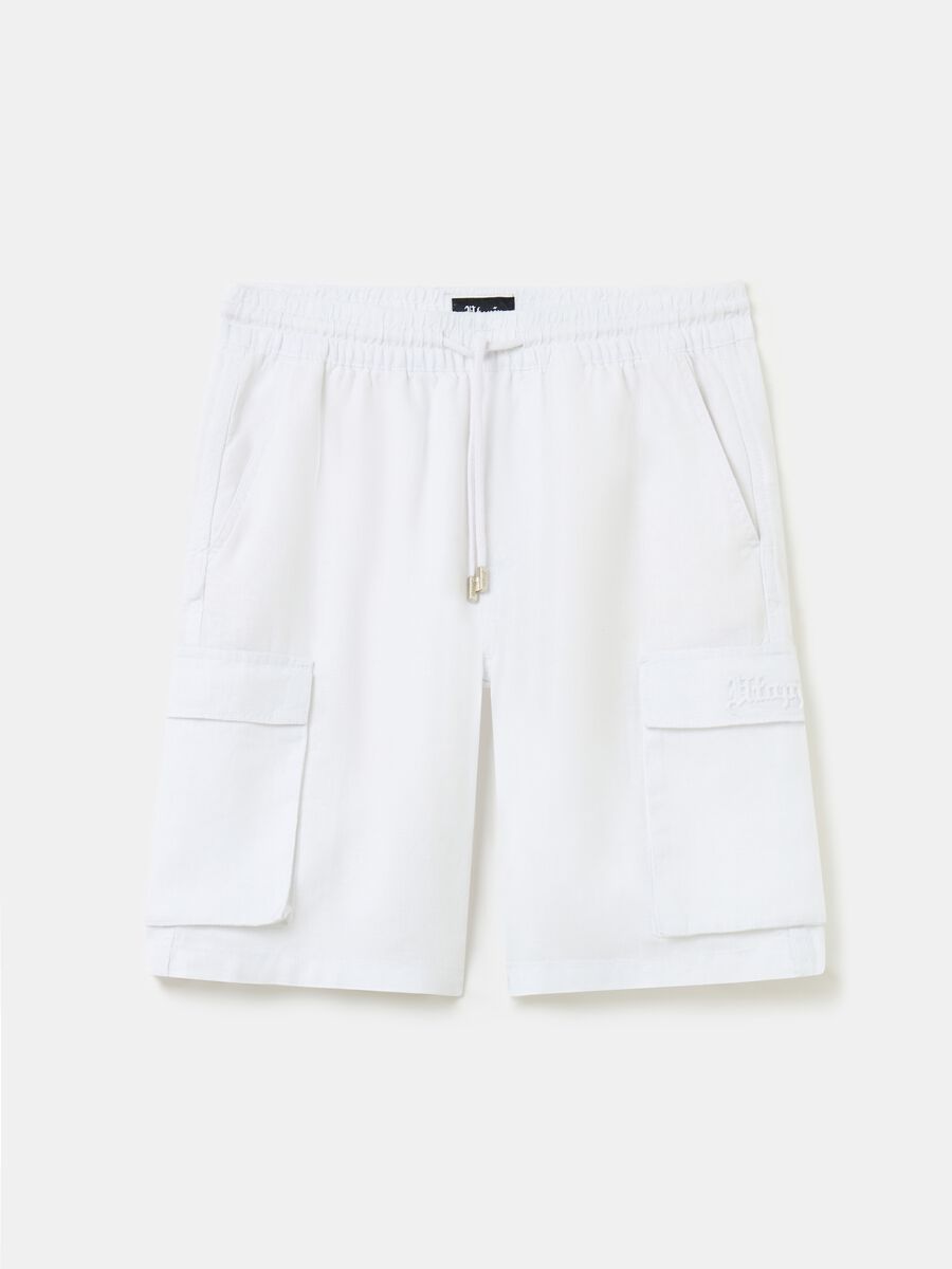 100% Linen Cargo Shorts White_0