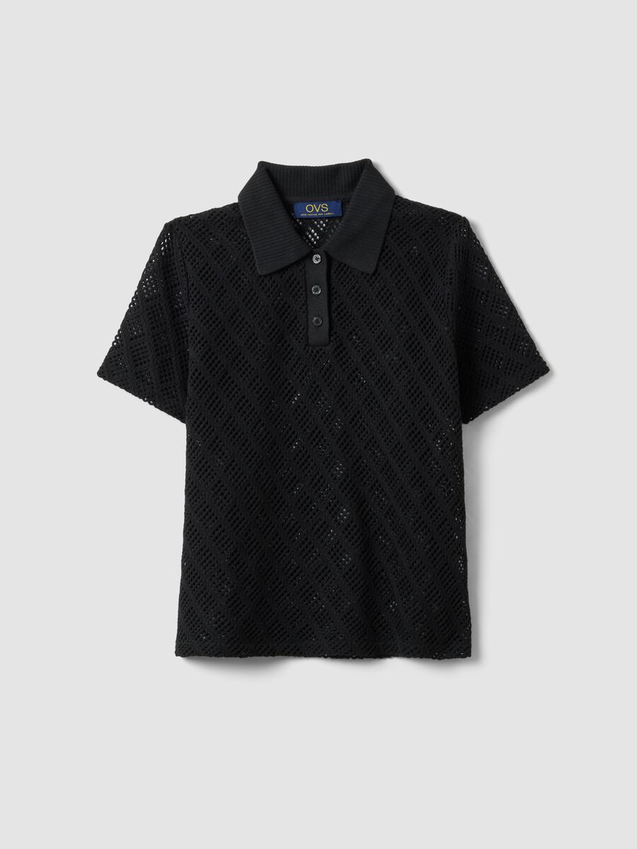 Black regular fit polo with mesh texture_4