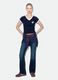 T-shirt blu in puro cotone con scollo a V e stampa frontale_0