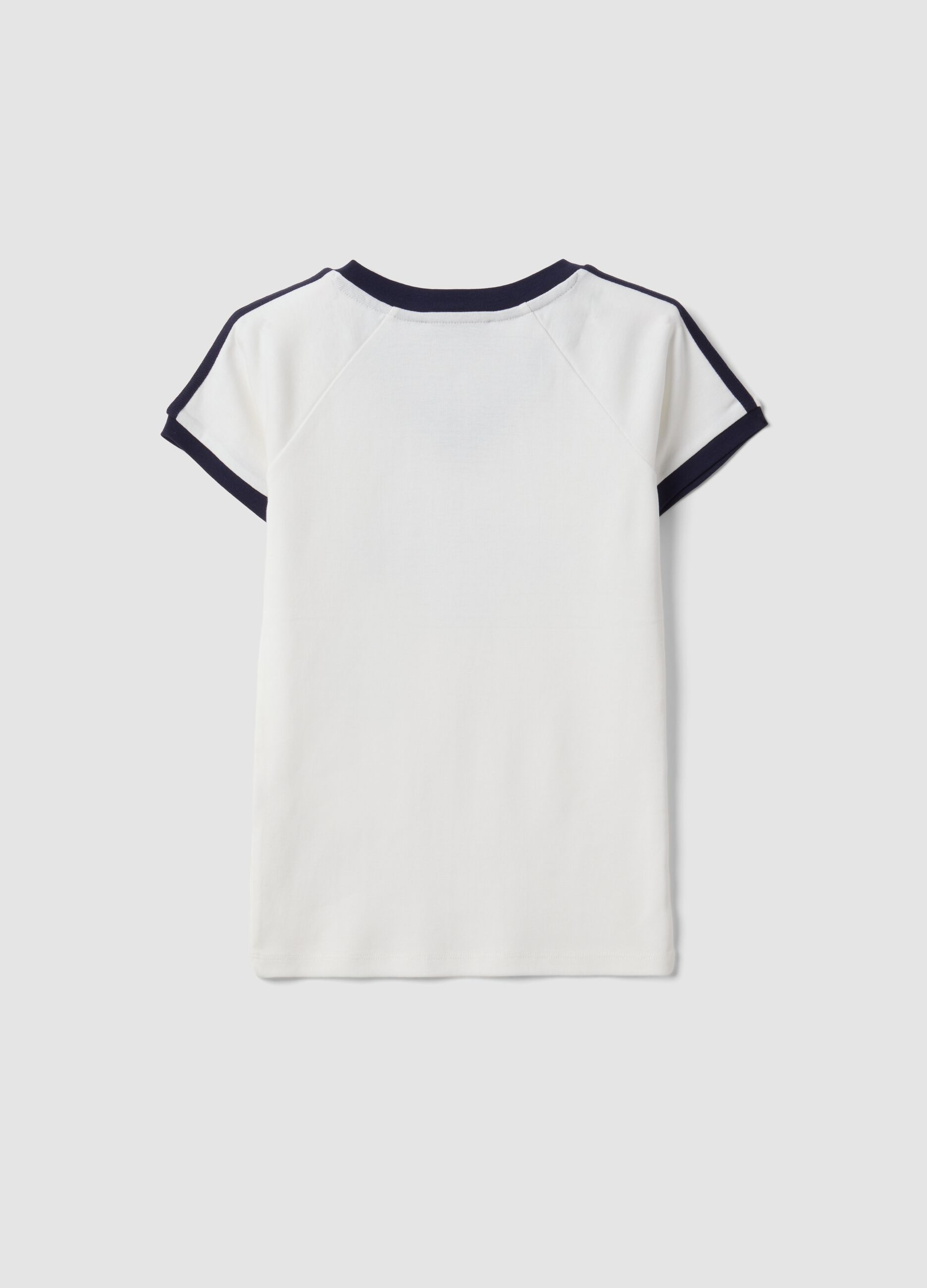 White pure-cotton V-neck T-shirt with front print